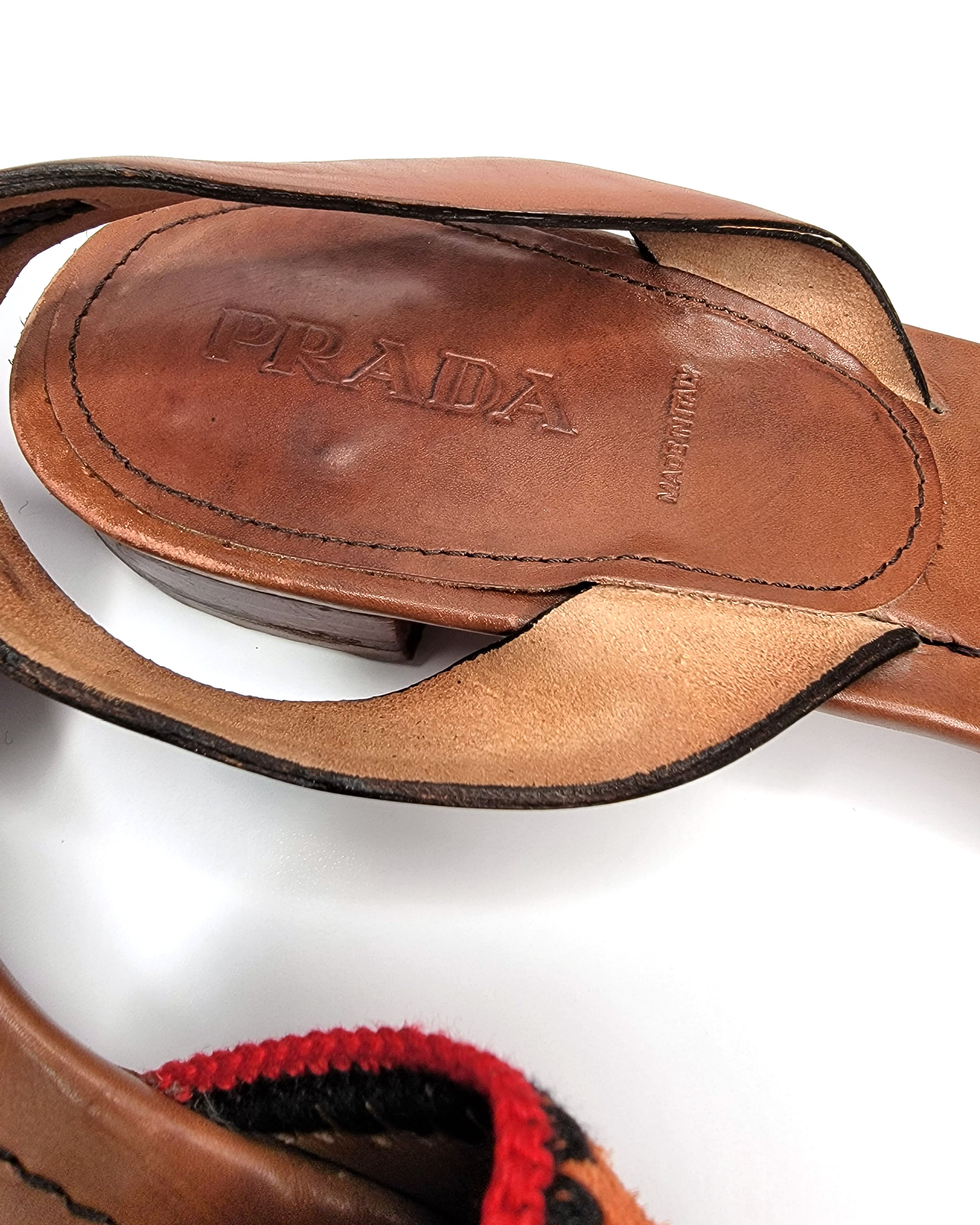00s Prada Orange Woven Suede & Brown Leather D'orsay Sandals