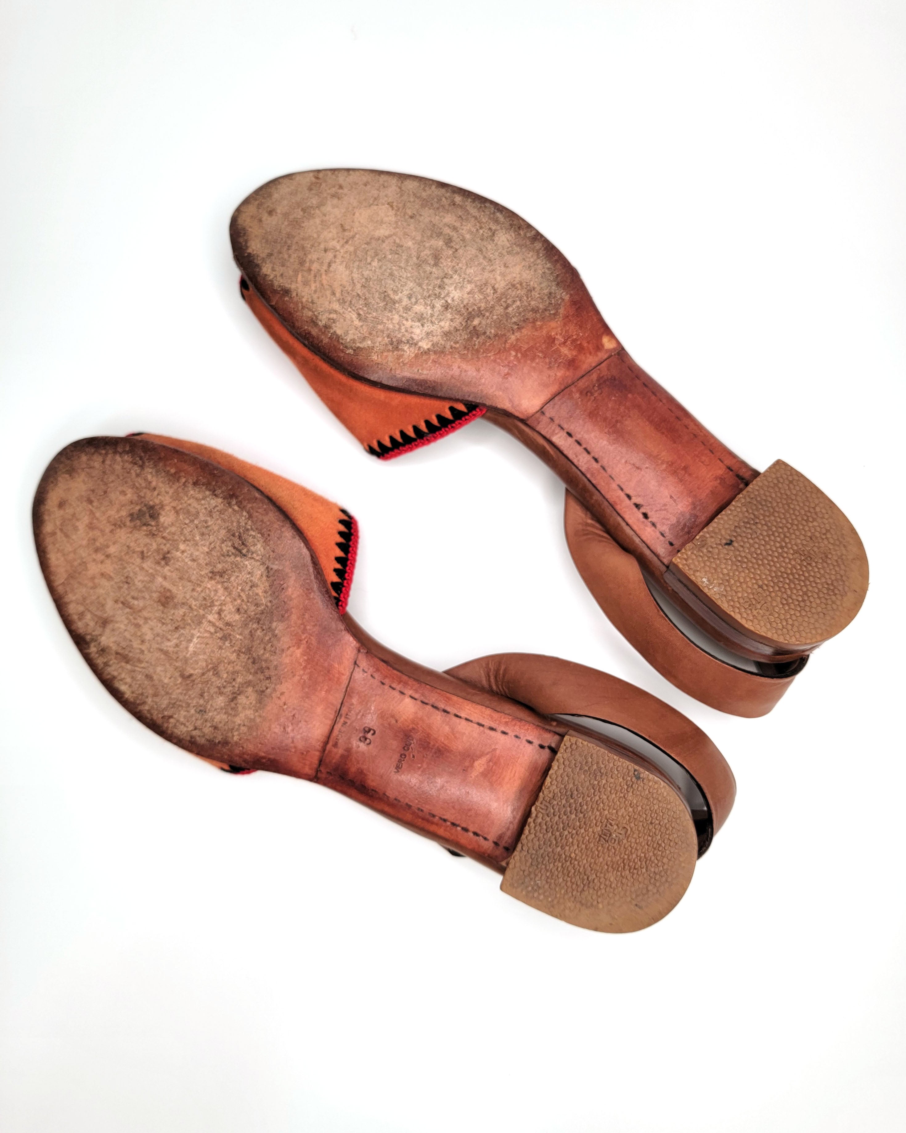 00s Prada Orange Woven Suede & Brown Leather D'orsay Sandals