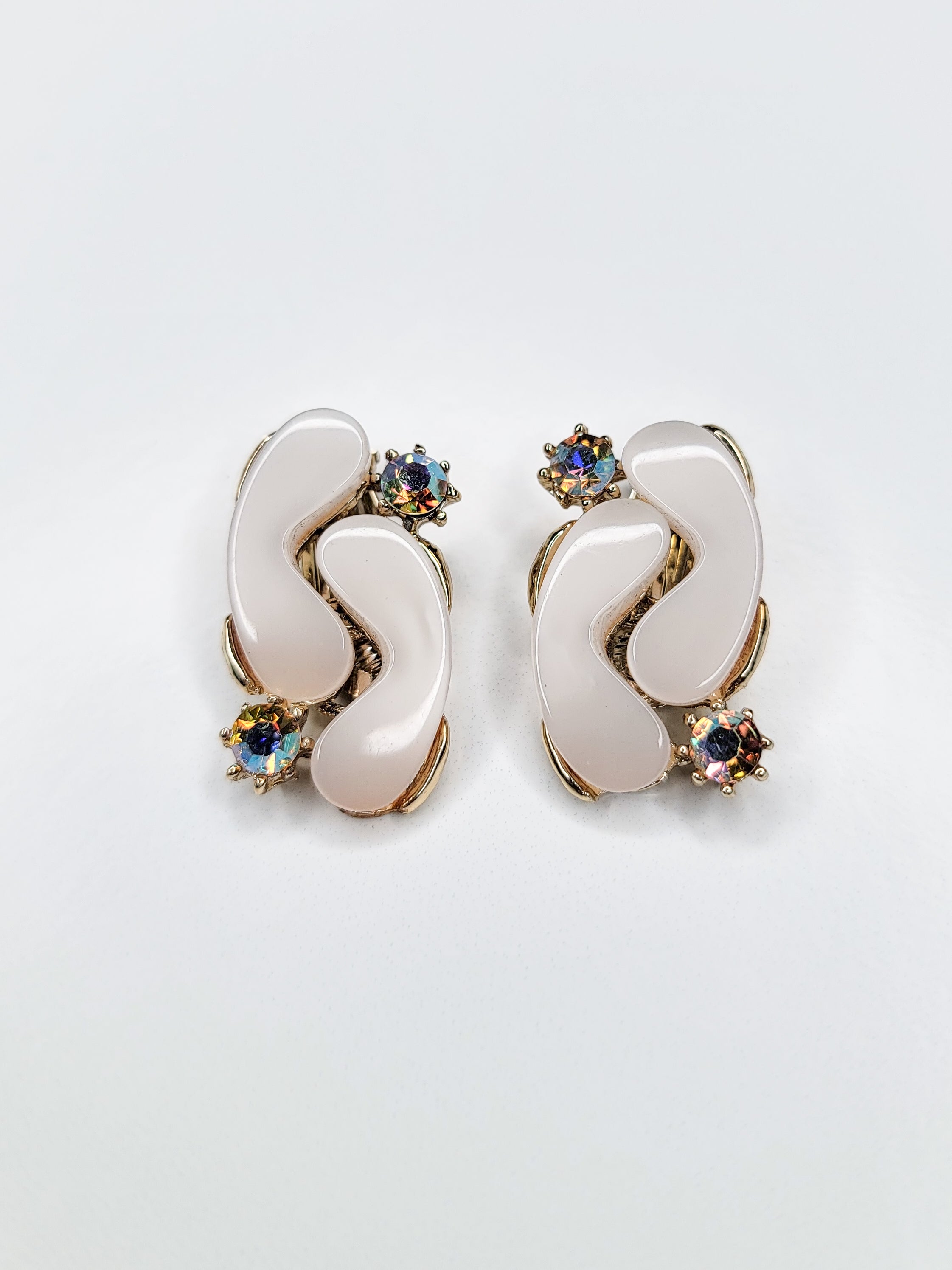 60s Iridescent Crystal & Cream Earrings