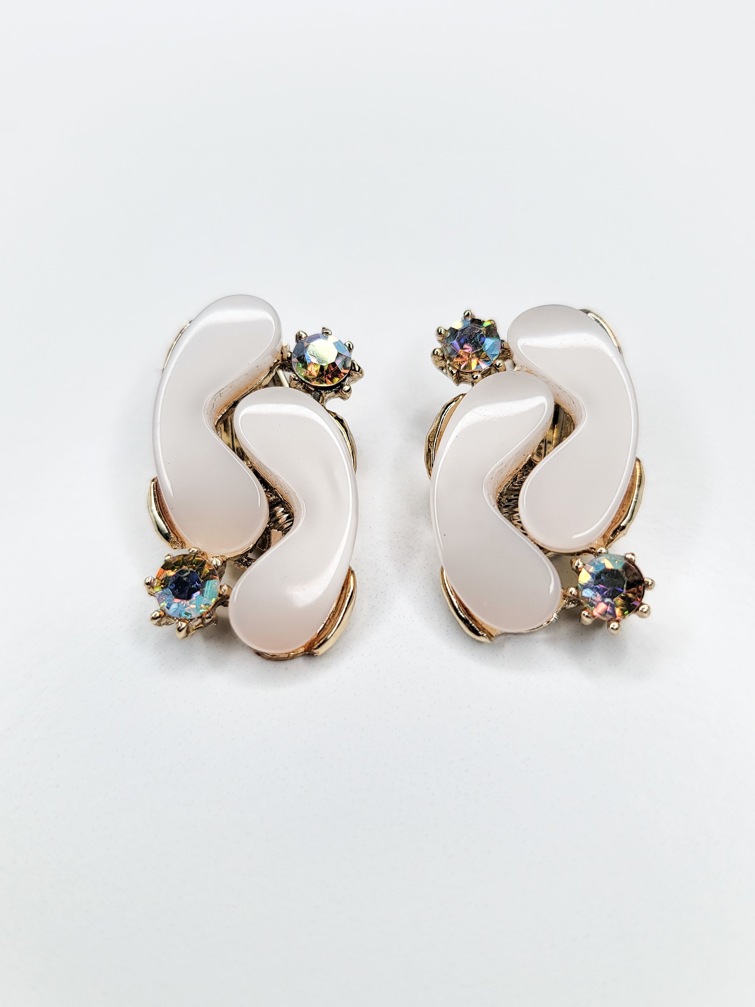 60s Iridescent Crystal & Cream Earrings