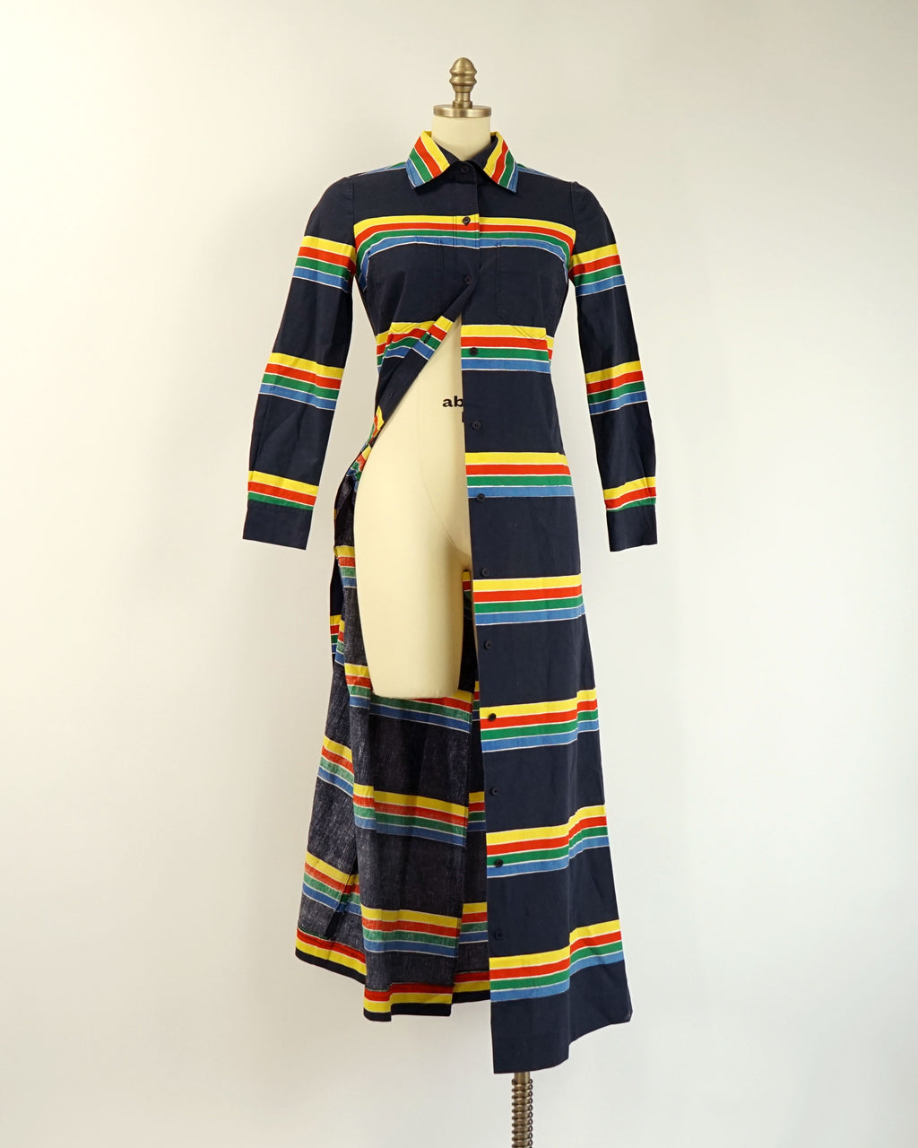 1974 Marimekko Anti Navy Rainbow Striped Button Front Maxi Dress