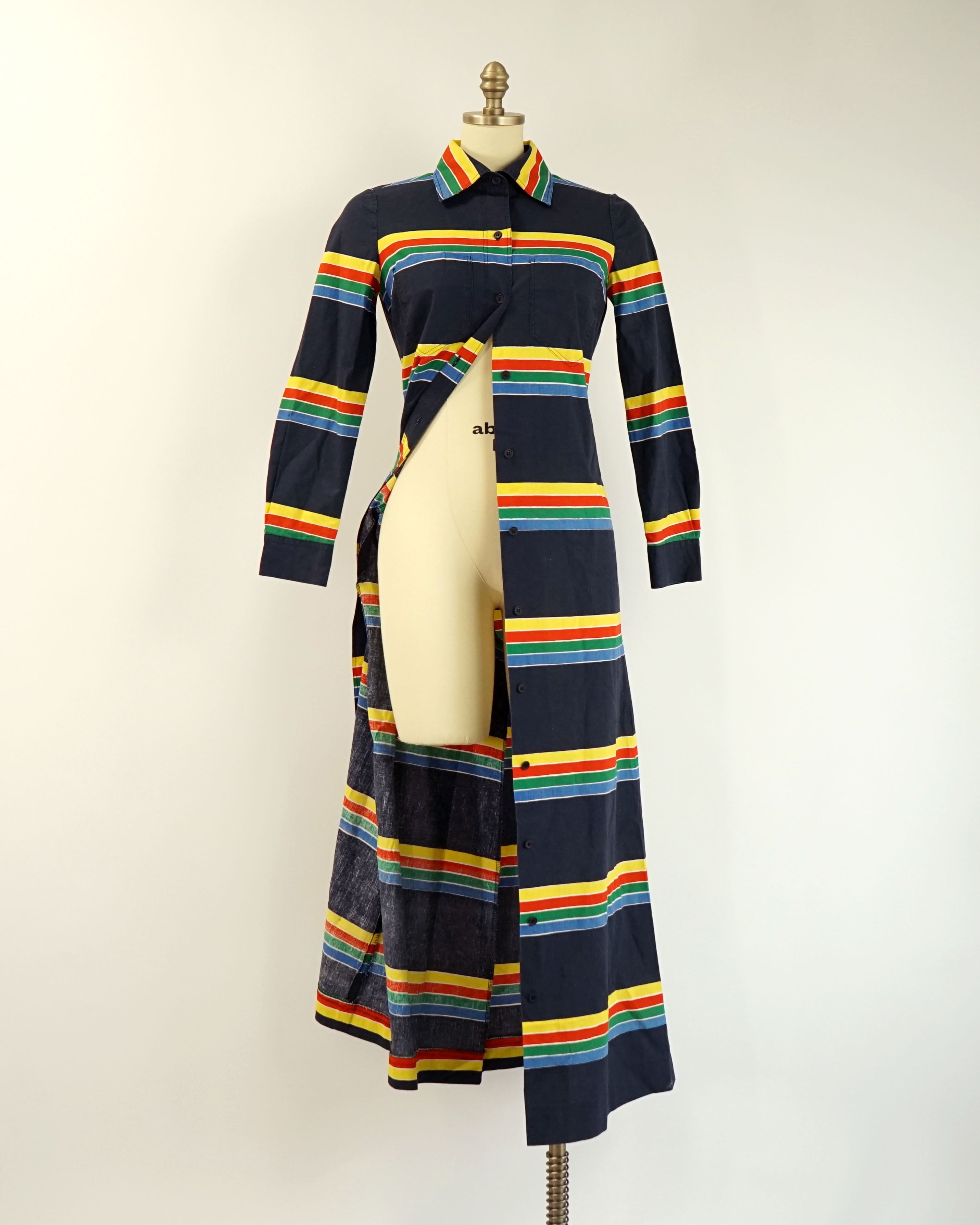 1974 Marimekko Anti Navy Rainbow Striped Button Front Maxi Dress