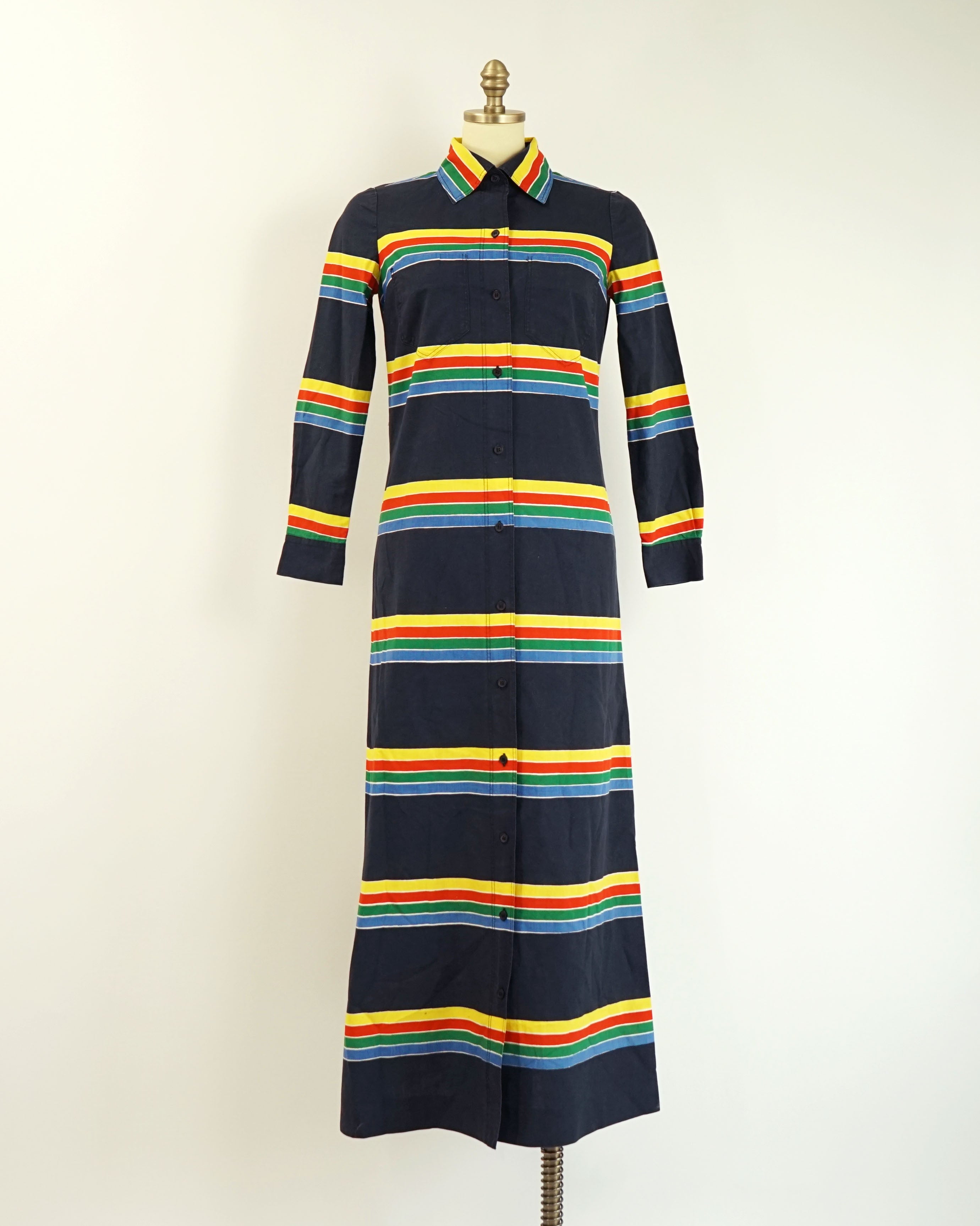 1974 Marimekko Anti Navy Rainbow Striped Button Front Maxi Dress