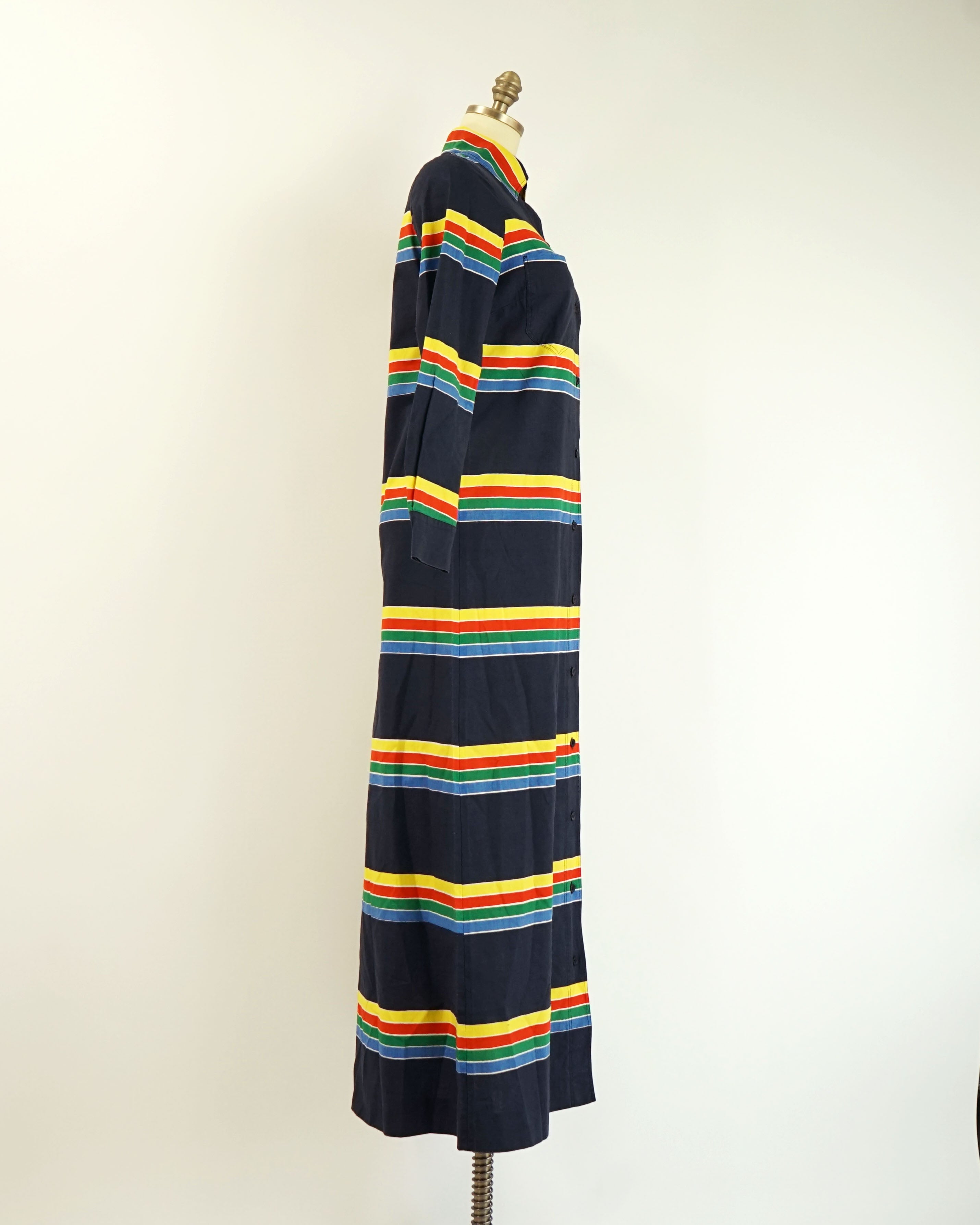 1974 Marimekko Anti Navy Rainbow Striped Button Front Maxi Dress
