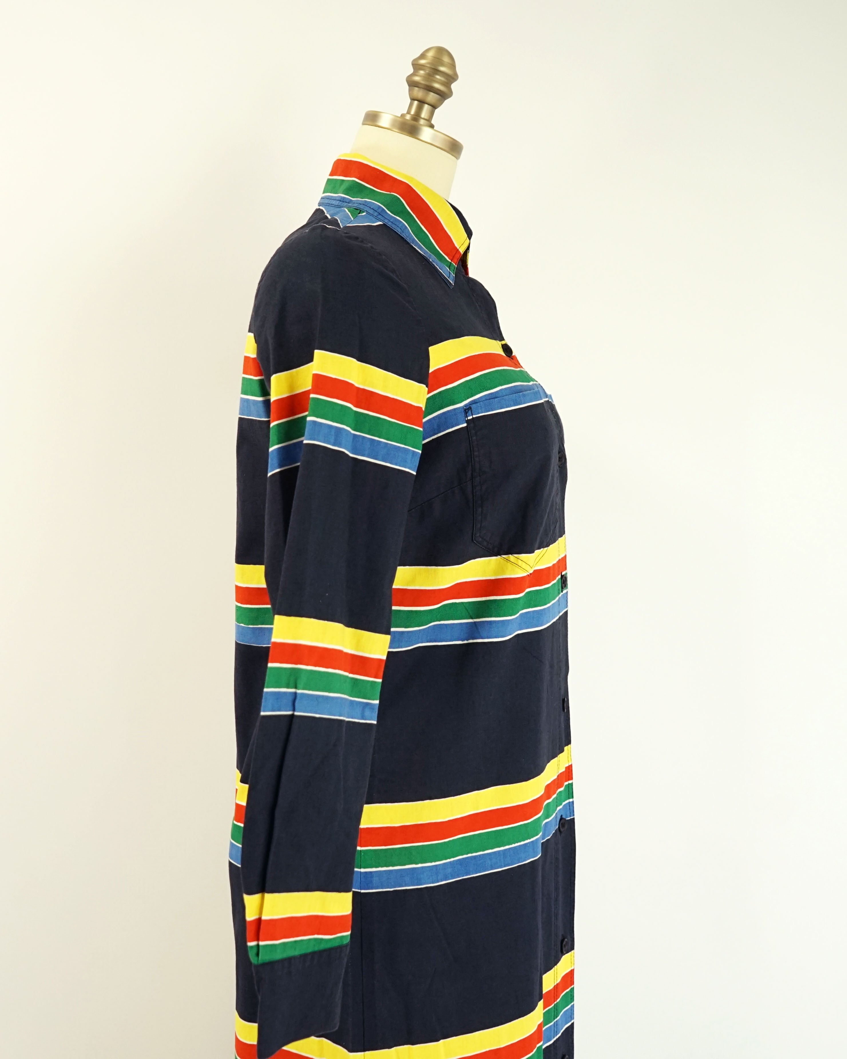 1974 Marimekko Anti Navy Rainbow Striped Button Front Maxi Dress
