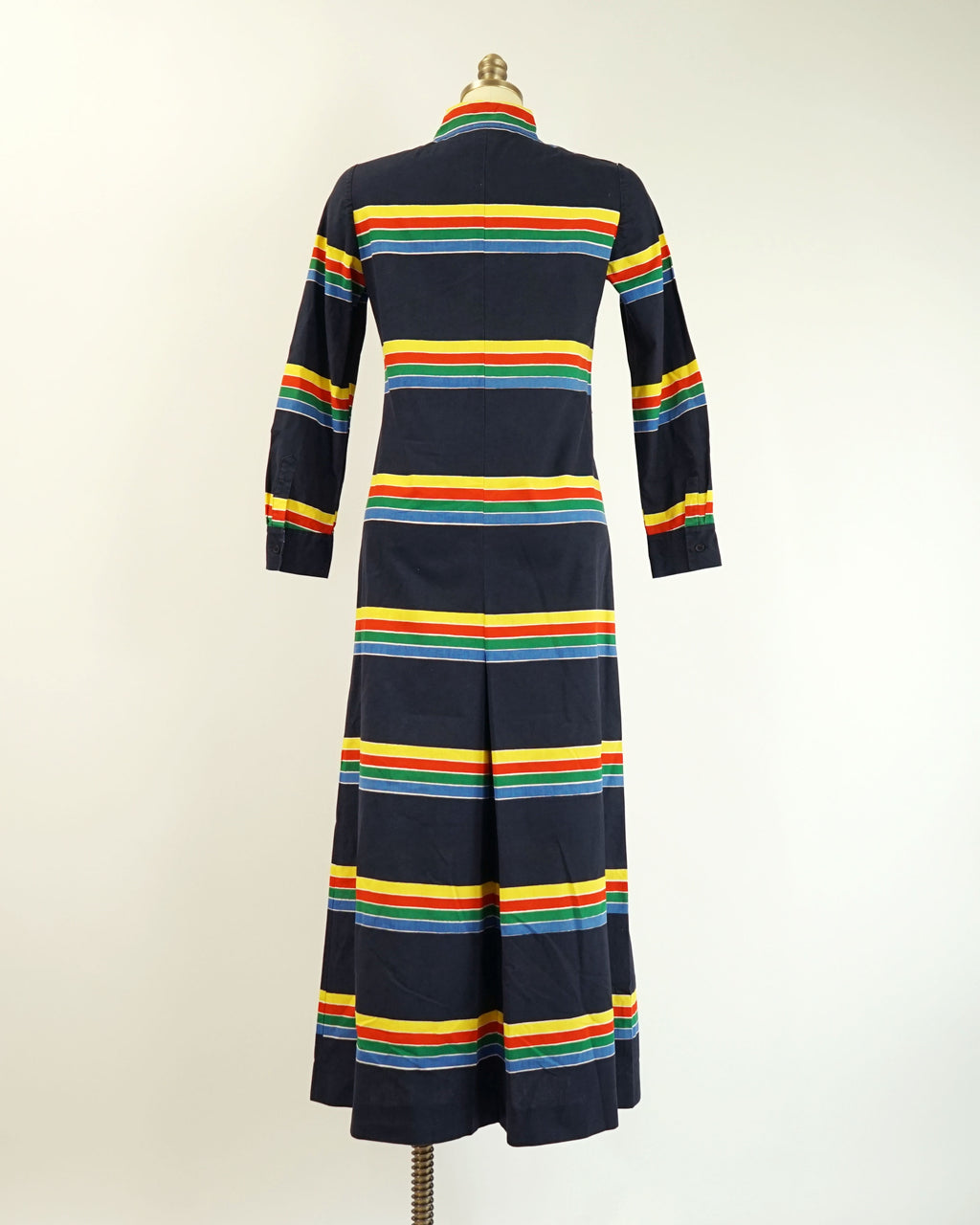 1974 Marimekko Anti Navy Rainbow Striped Button Front Maxi Dress
