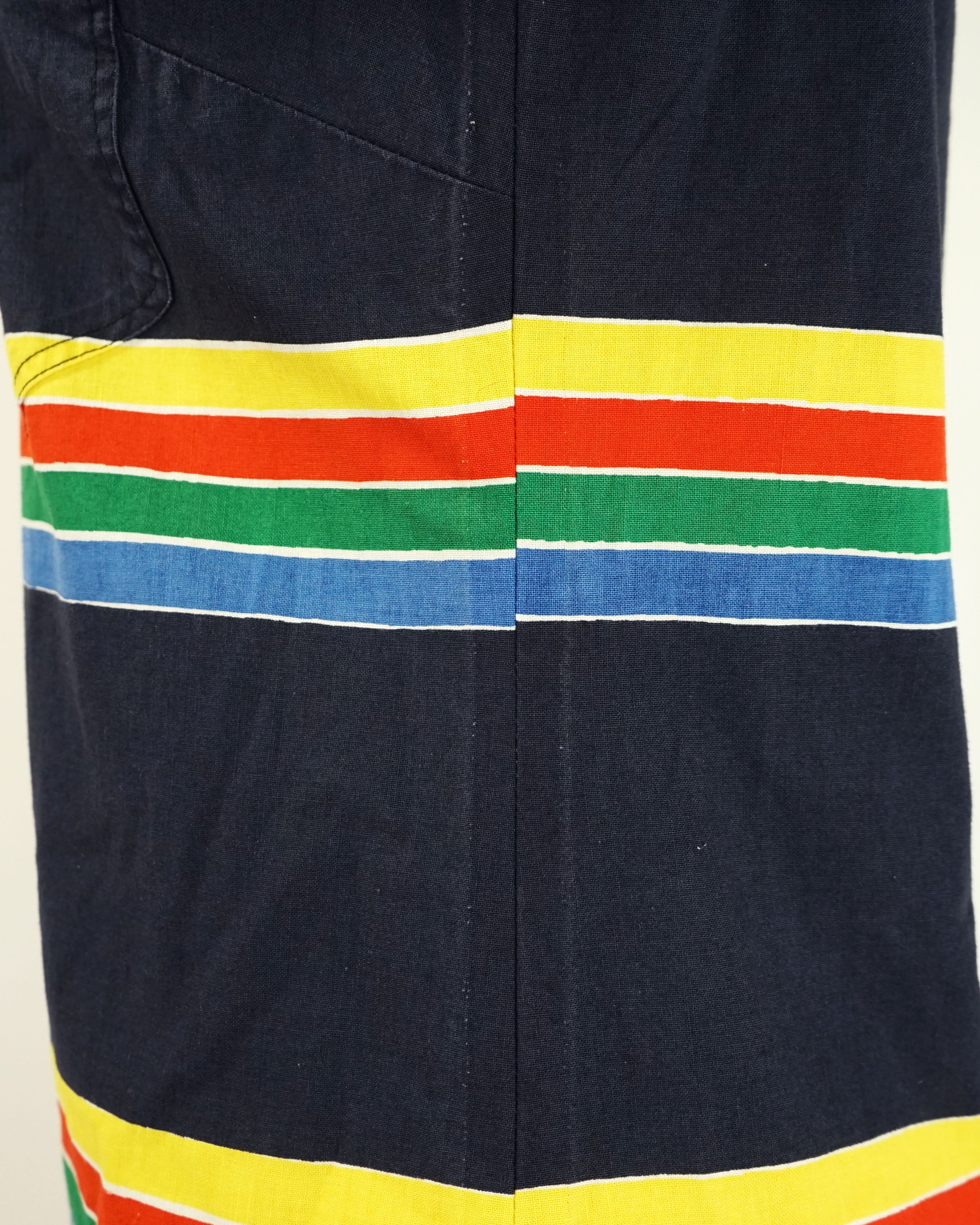 1974 Marimekko Anti Navy Rainbow Striped Button Front Maxi Dress