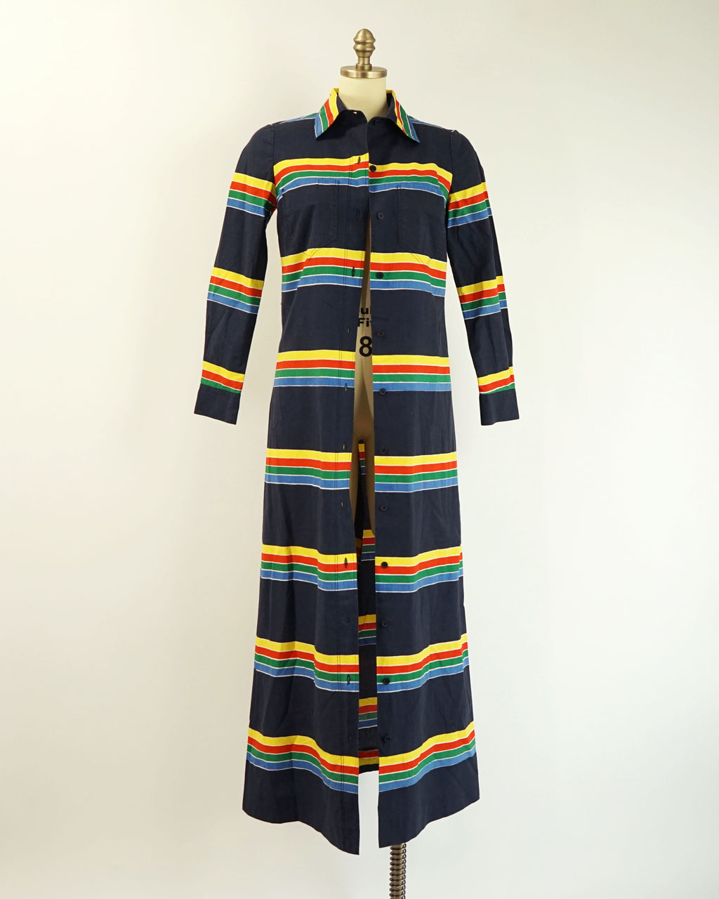 1974 Marimekko Anti Navy Rainbow Striped Button Front Maxi Dress