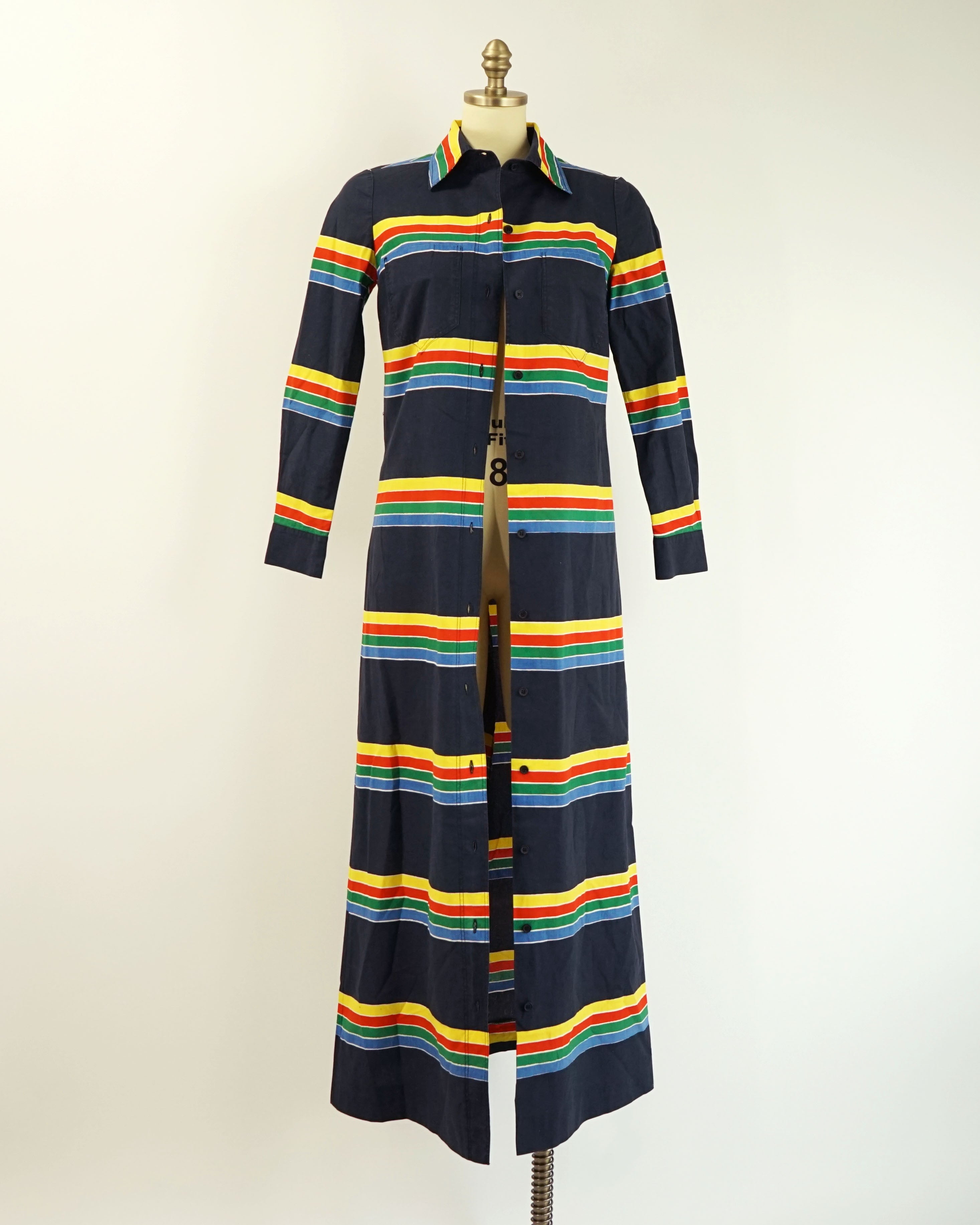 1974 Marimekko Anti Navy Rainbow Striped Button Front Maxi Dress