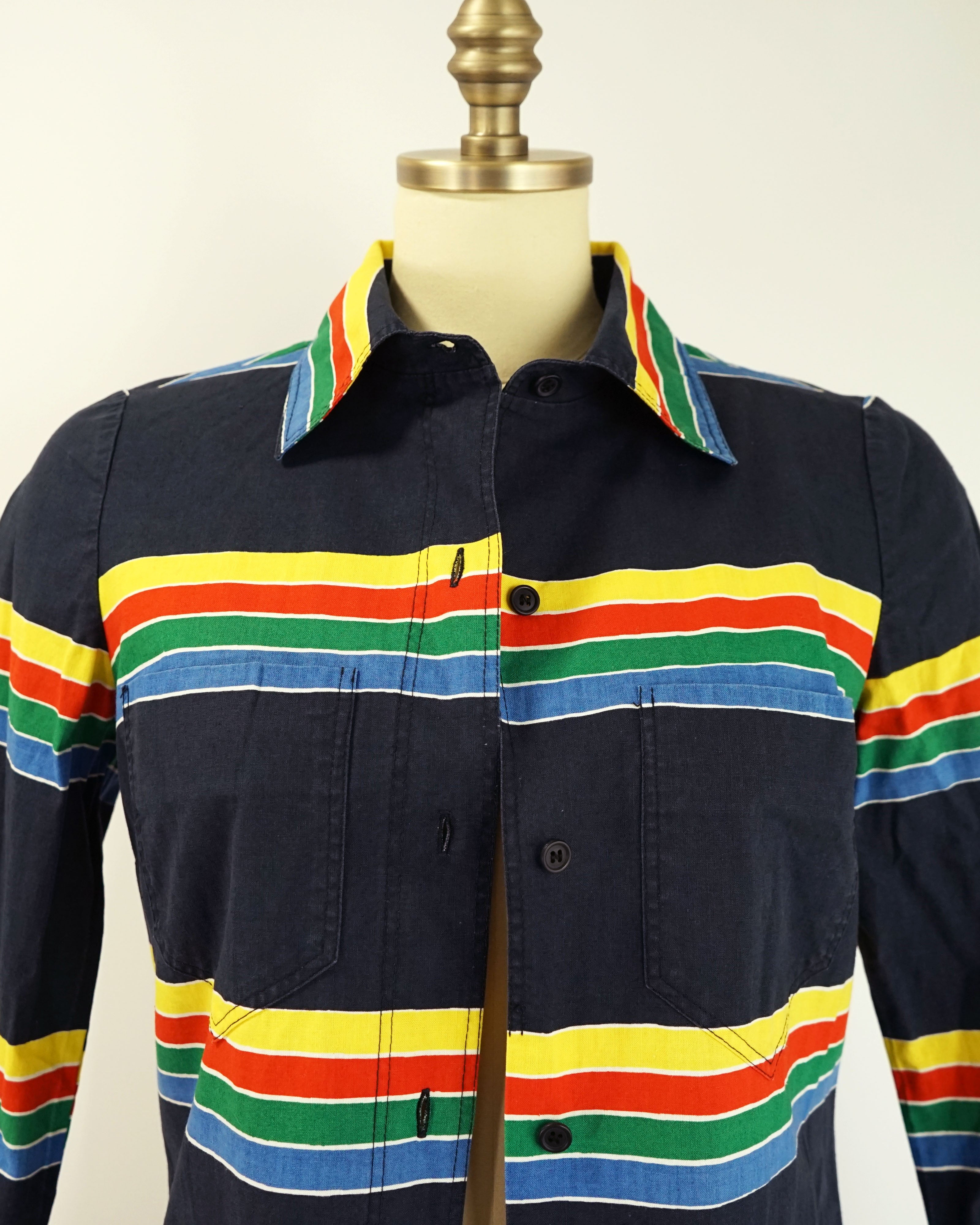 1974 Marimekko Anti Navy Rainbow Striped Button Front Maxi Dress