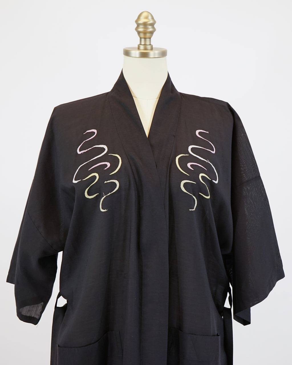 1960s Dragon Embroidered Cotton Black Robe & Belt