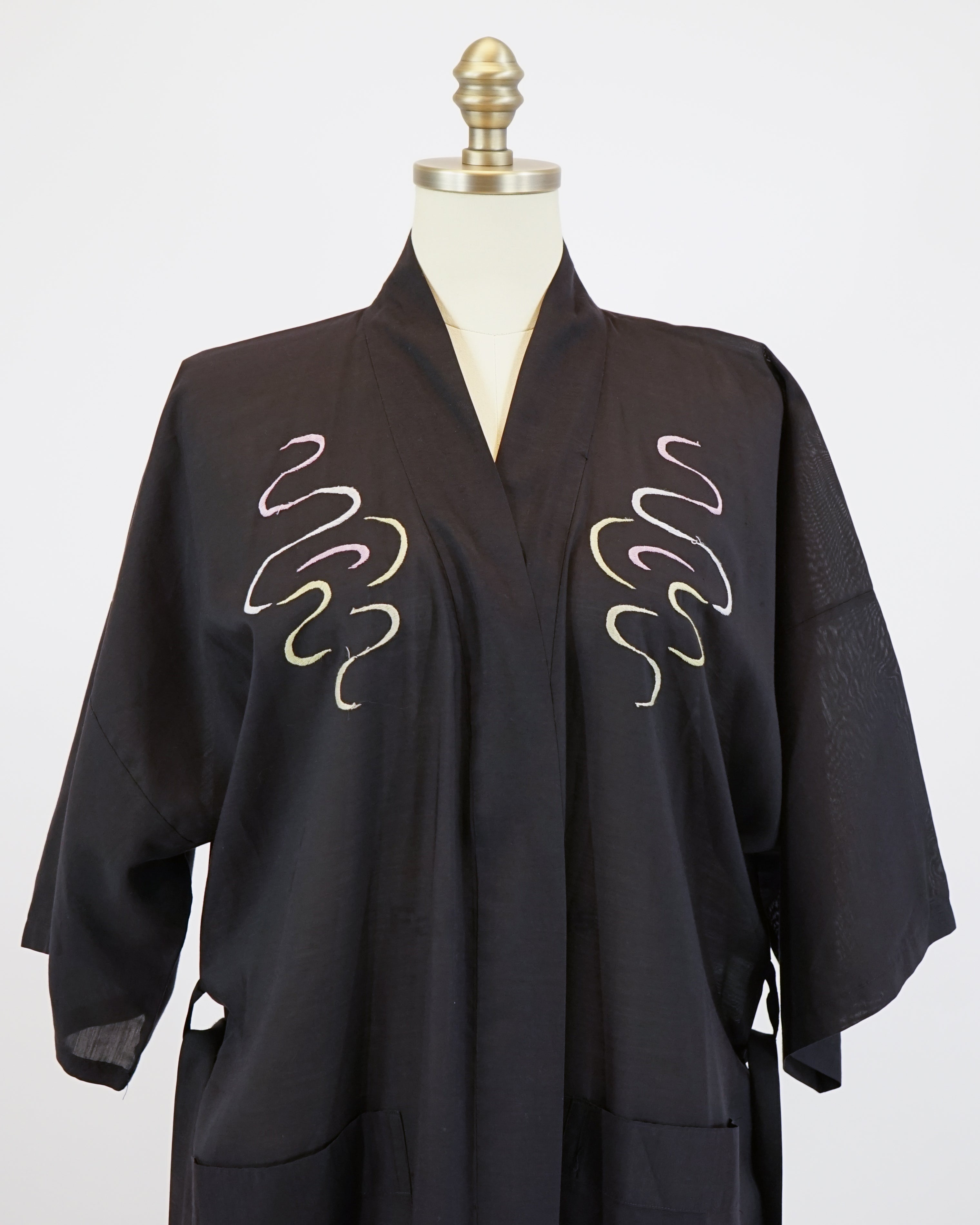 1960s Dragon Embroidered Cotton Black Robe & Belt
