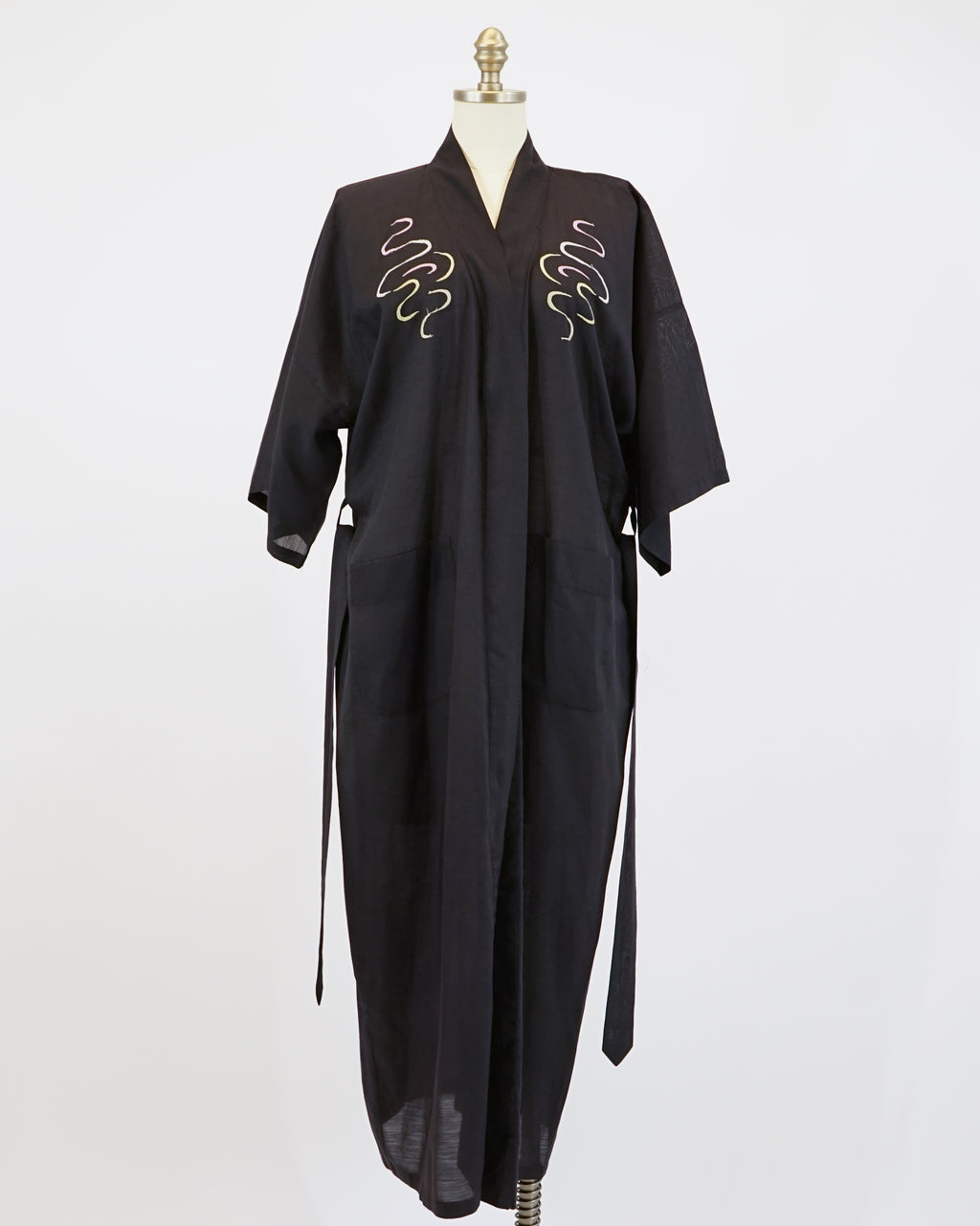 1960s Dragon Embroidered Cotton Black Robe & Belt