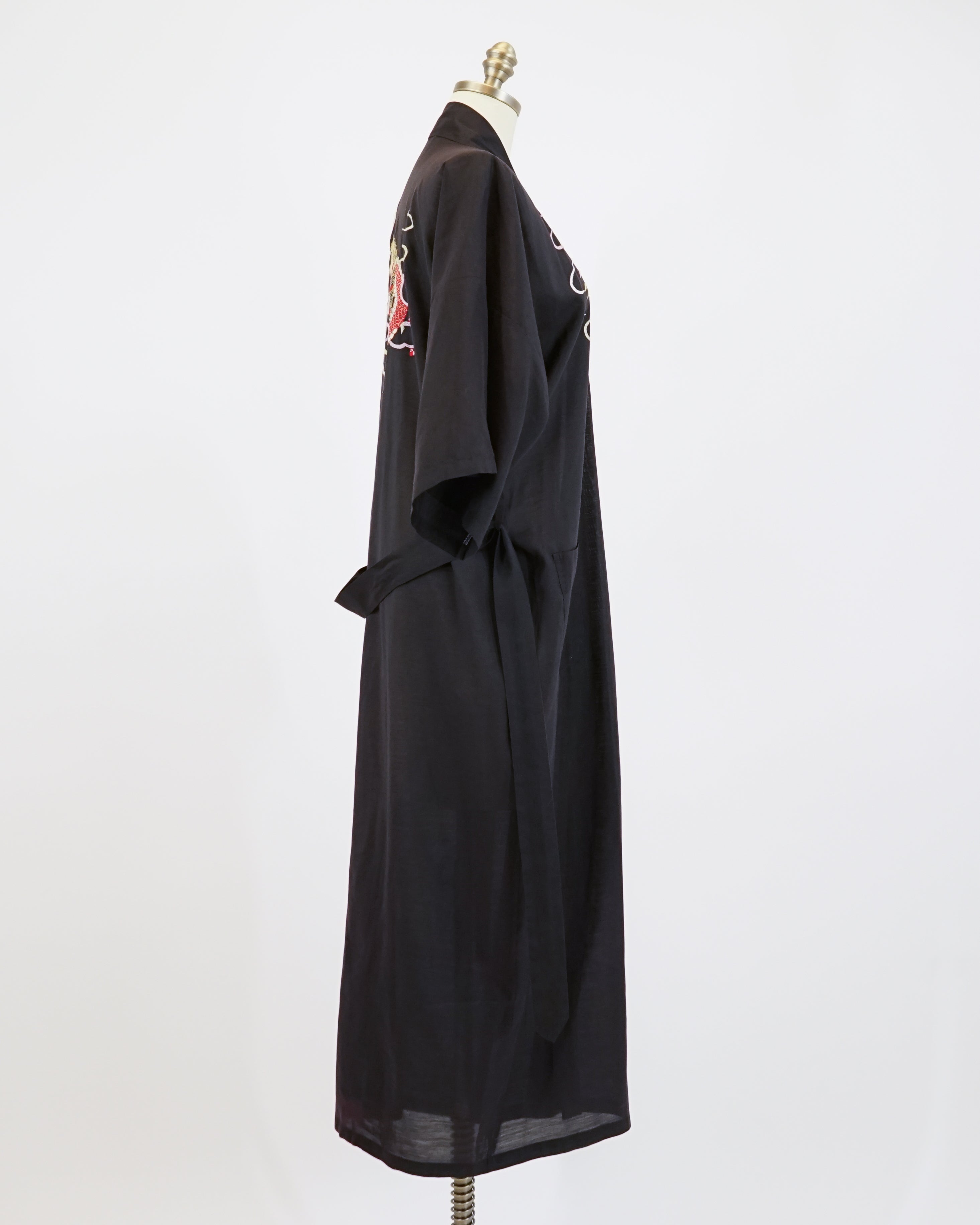 1960s Dragon Embroidered Cotton Black Robe & Belt