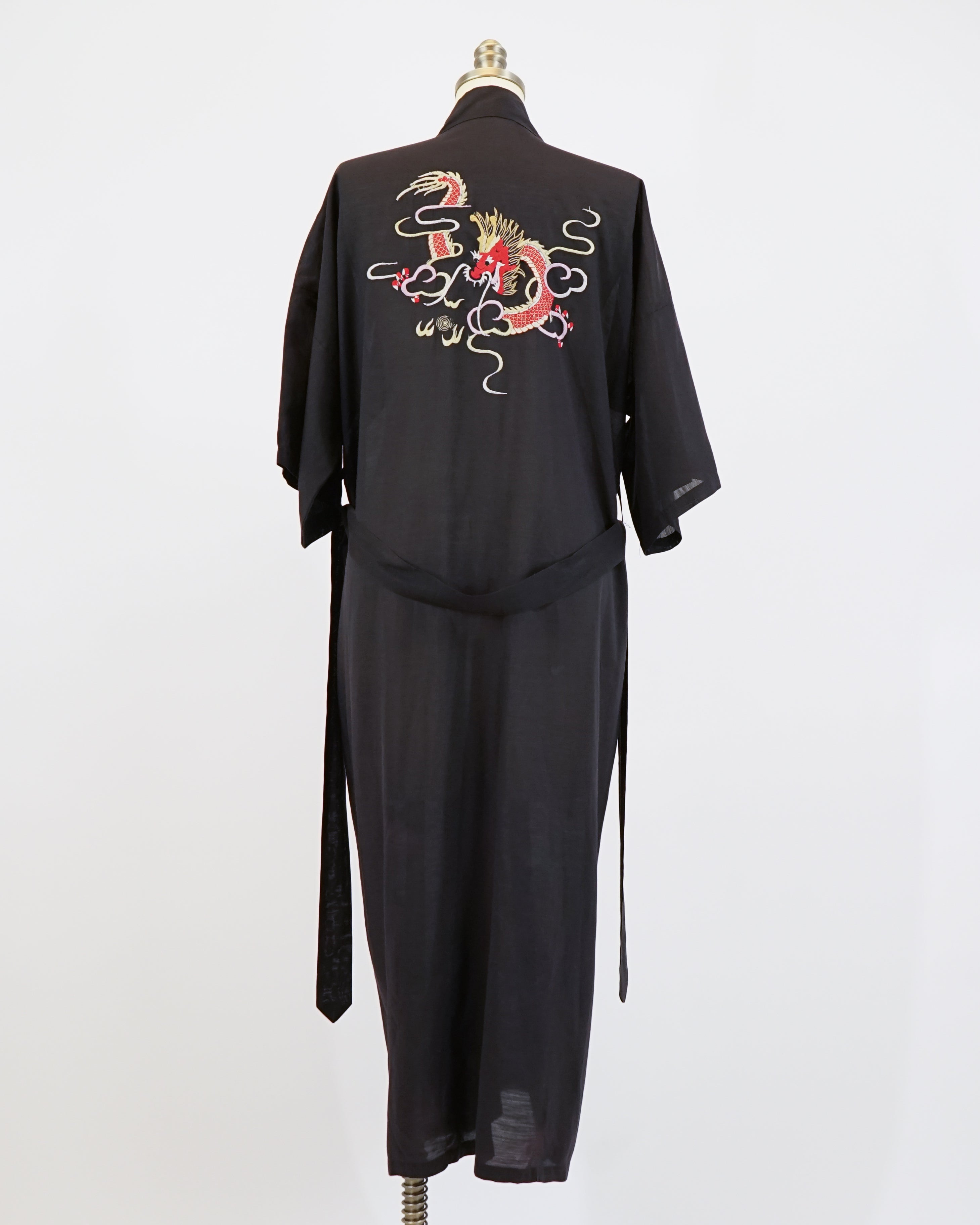 1960s Dragon Embroidered Cotton Black Robe & Belt