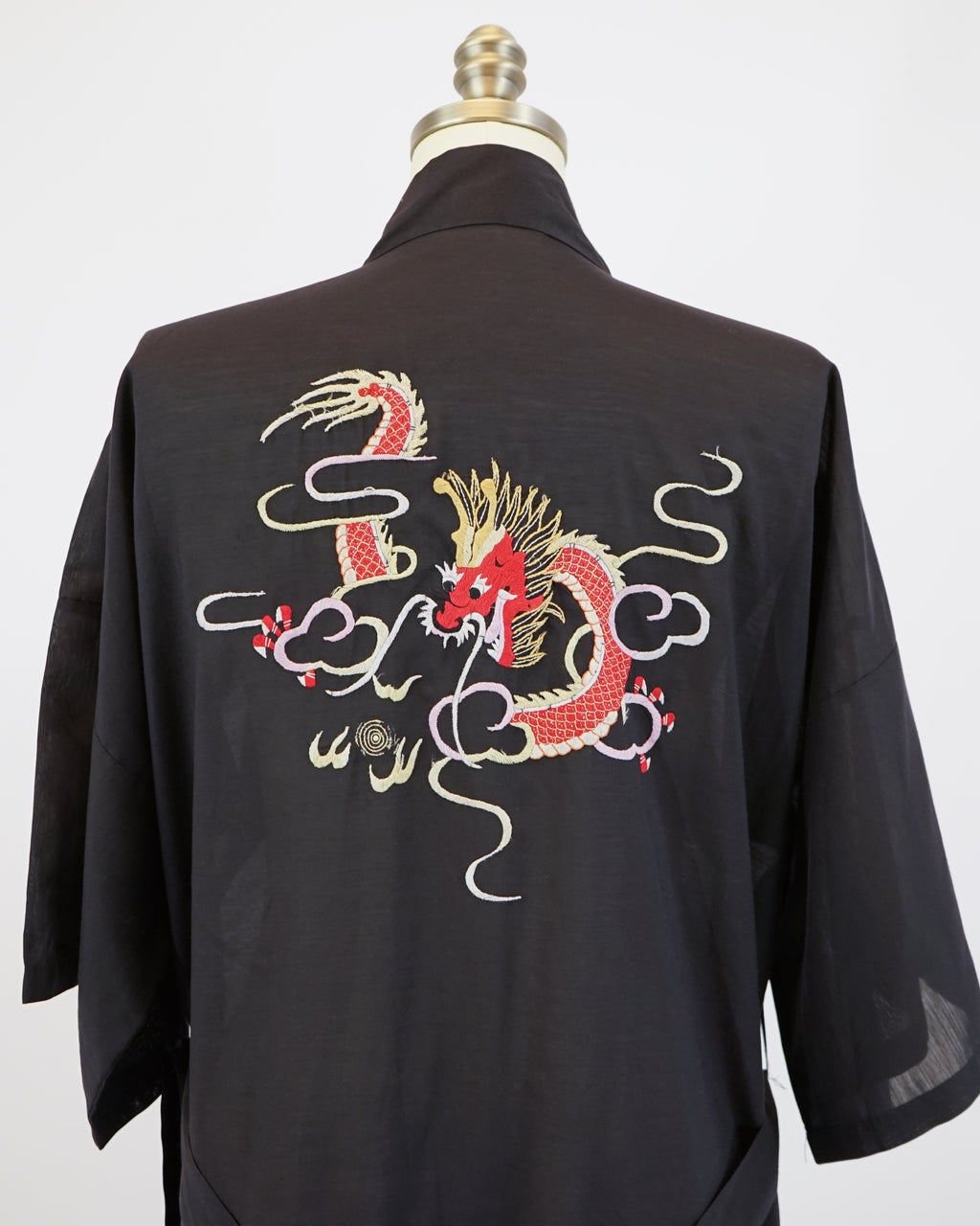 1960s Dragon Embroidered Cotton Black Robe & Belt