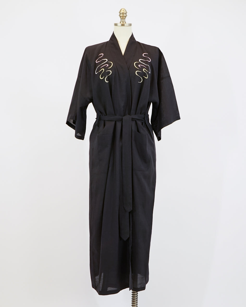 1960s Dragon Embroidered Cotton Black Robe & Belt