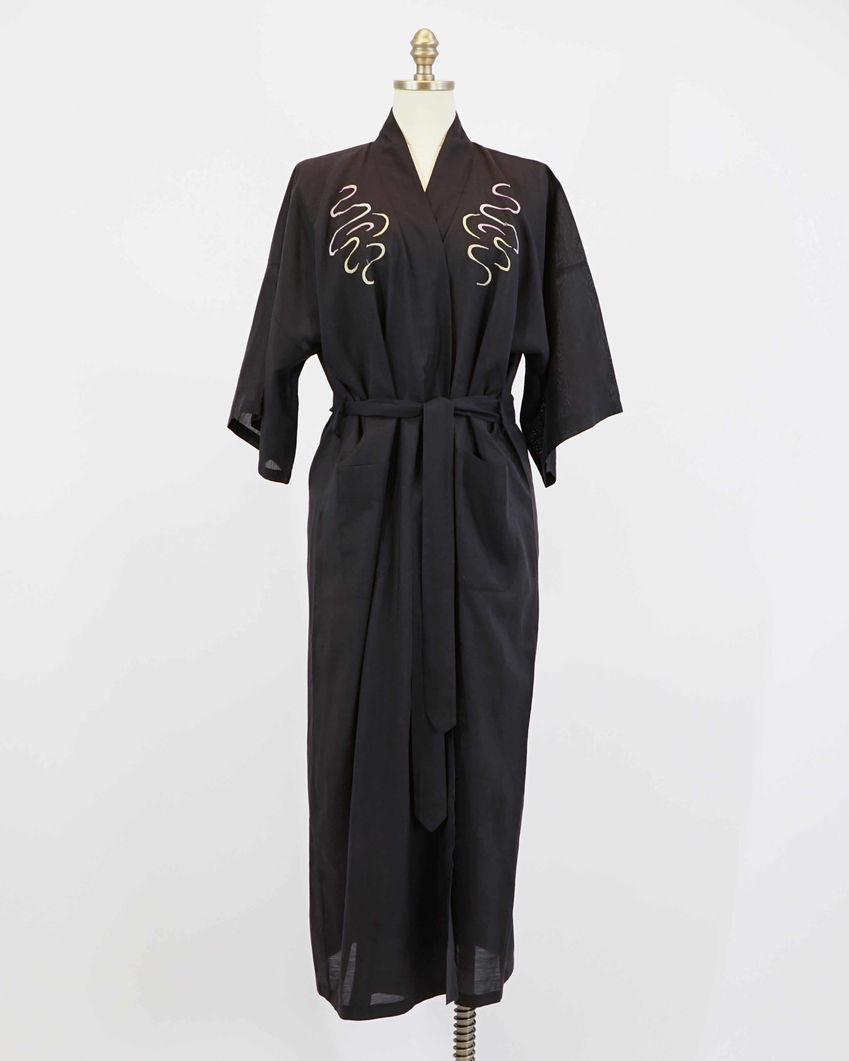 1960s Dragon Embroidered Cotton Black Robe & Belt