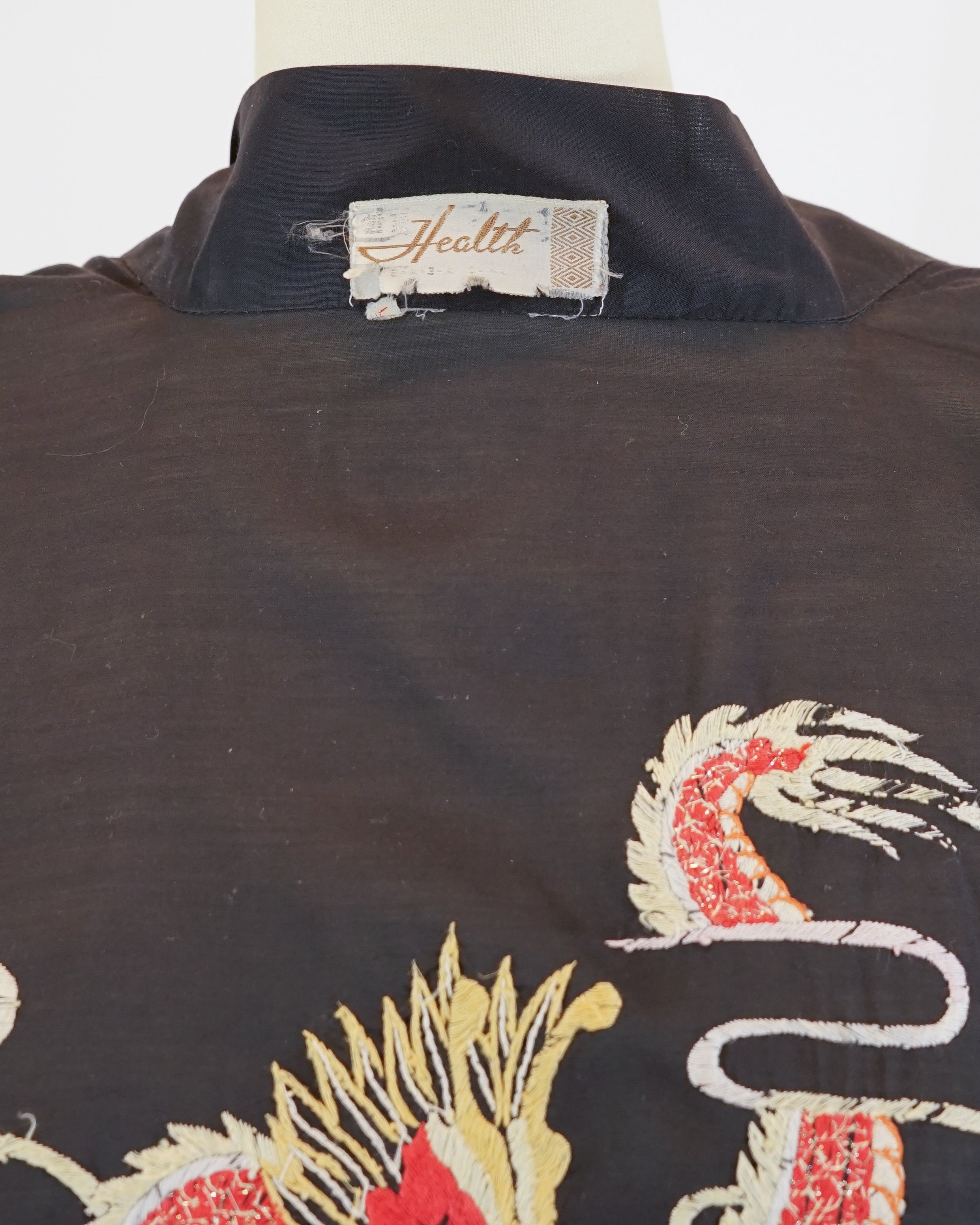 1960s Dragon Embroidered Cotton Black Robe & Belt