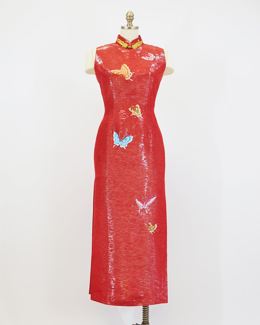 70s Red Lamé Embroidered Butterfly Cheongsam