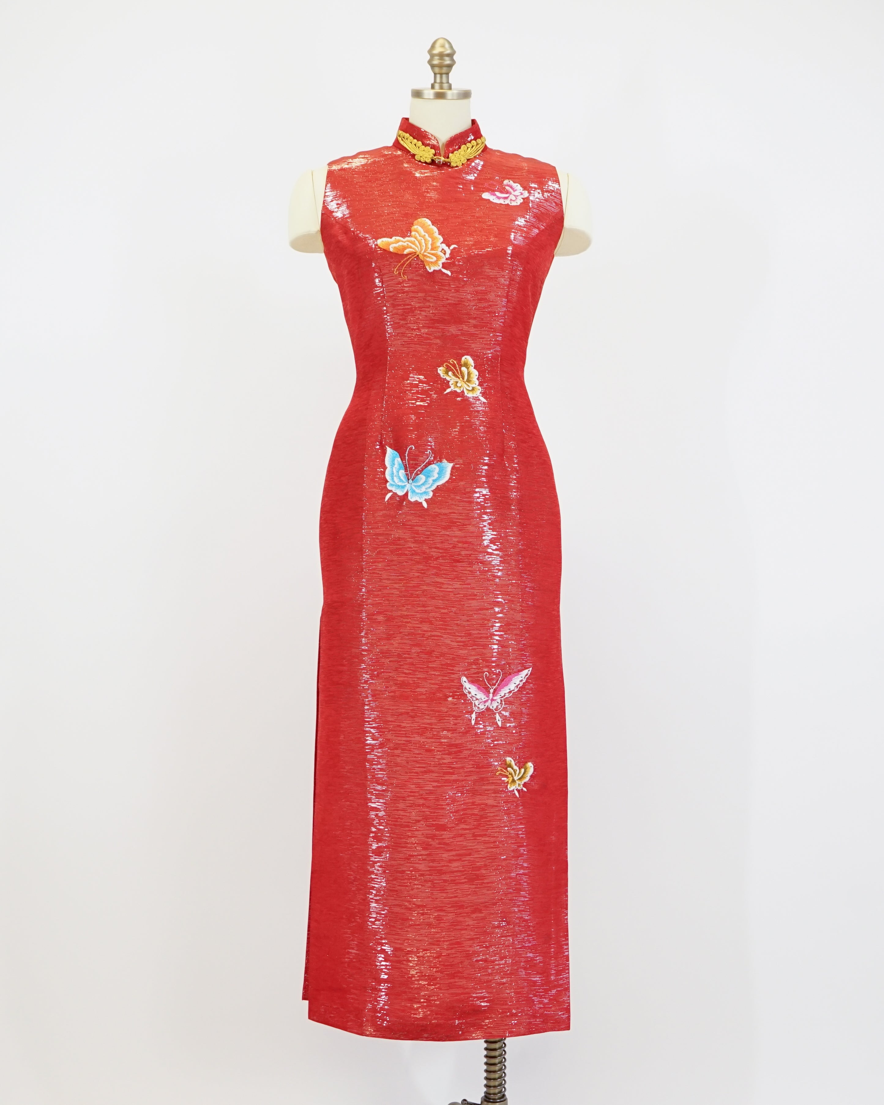 70s Red Lamé Embroidered Butterfly Cheongsam