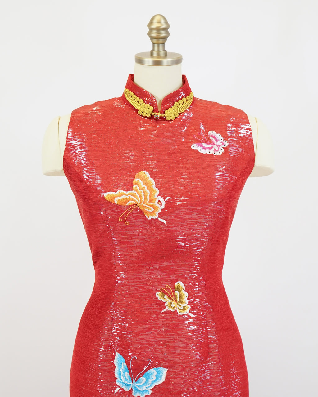 70s Red Lamé Embroidered Butterfly Cheongsam