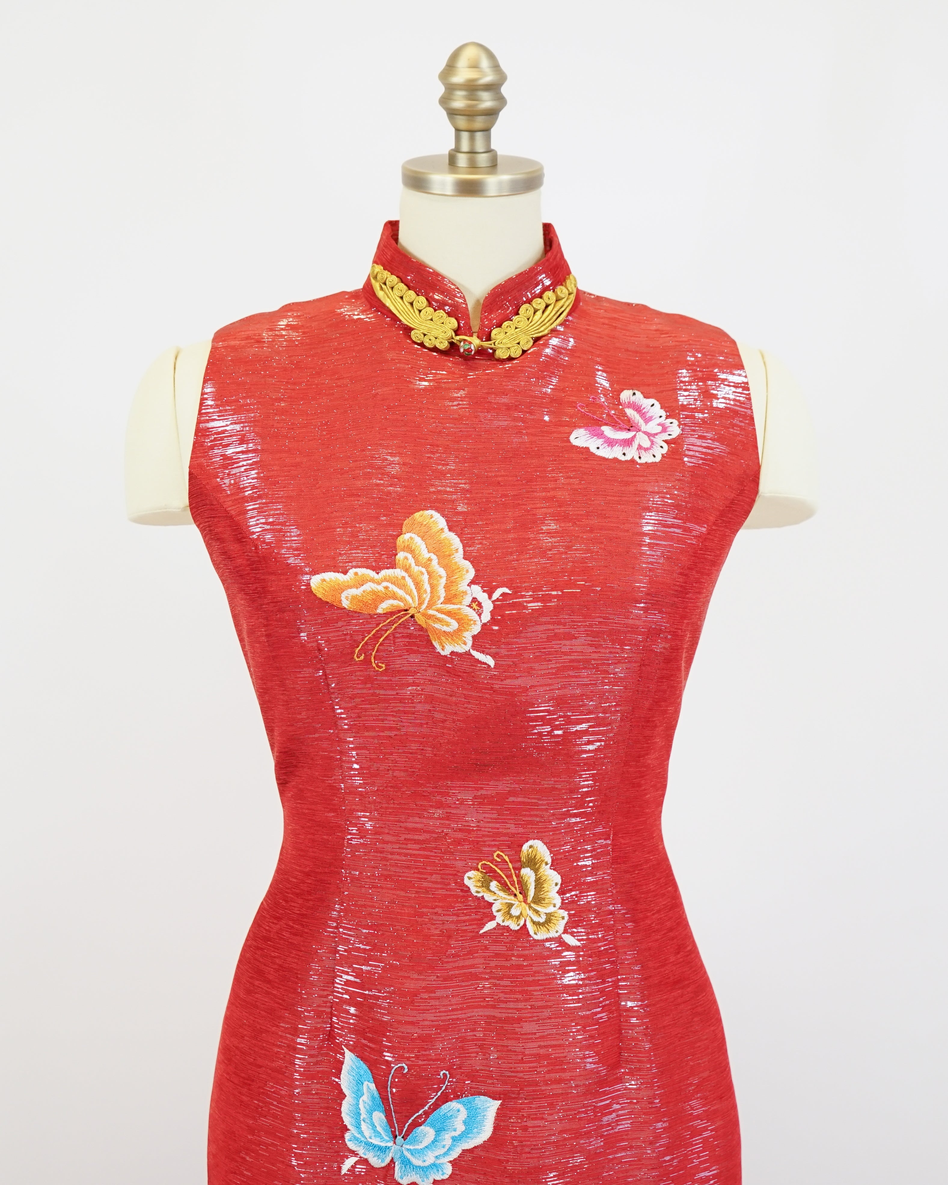 70s Red Lamé Embroidered Butterfly Cheongsam