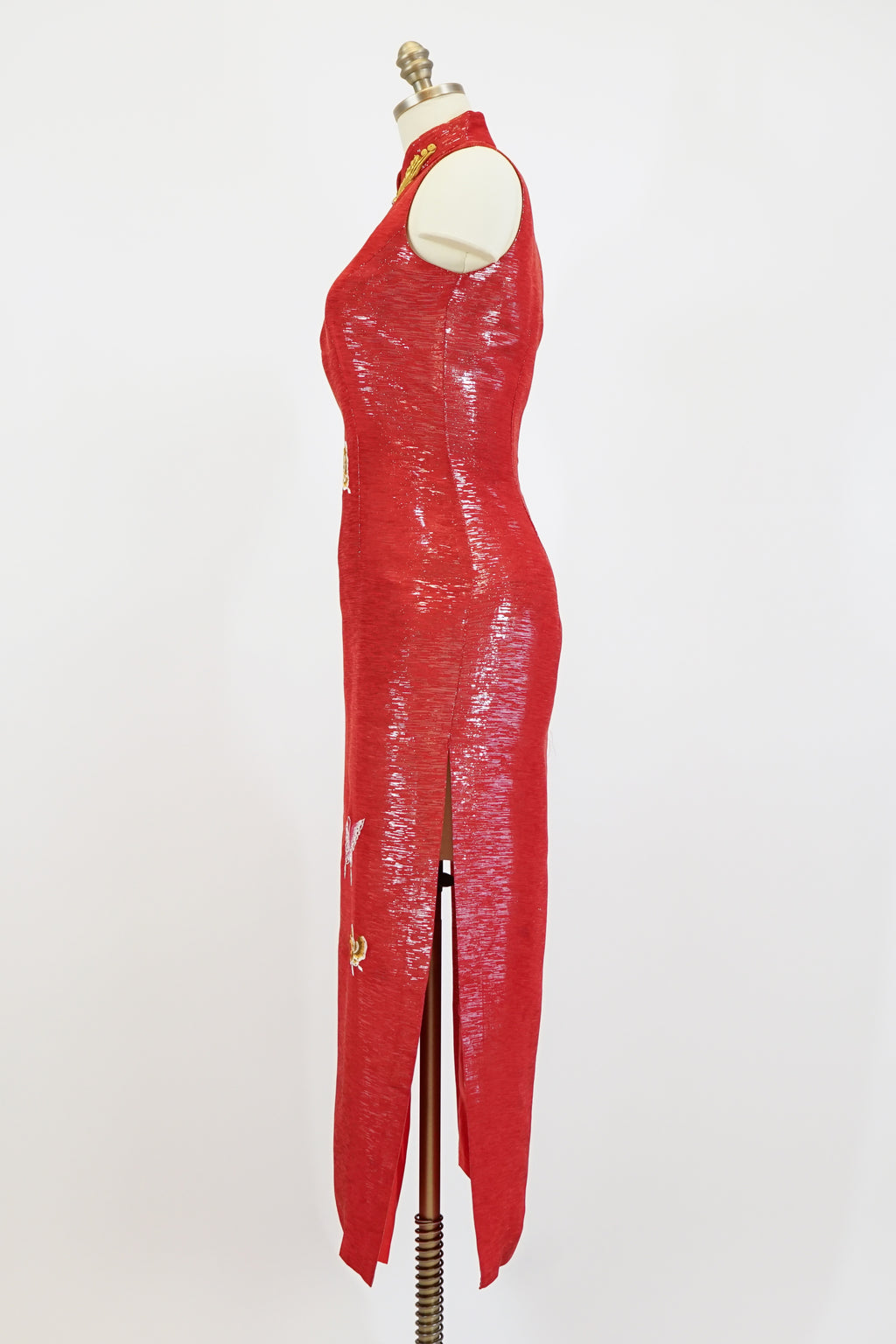 70s Red Lamé Embroidered Butterfly Cheongsam