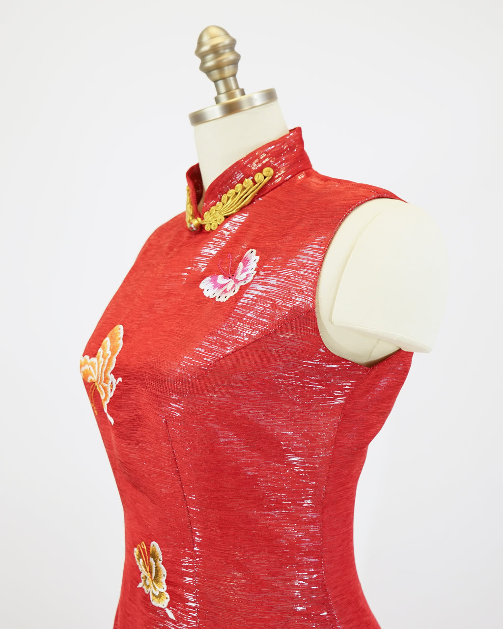 70s Red Lamé Embroidered Butterfly Cheongsam