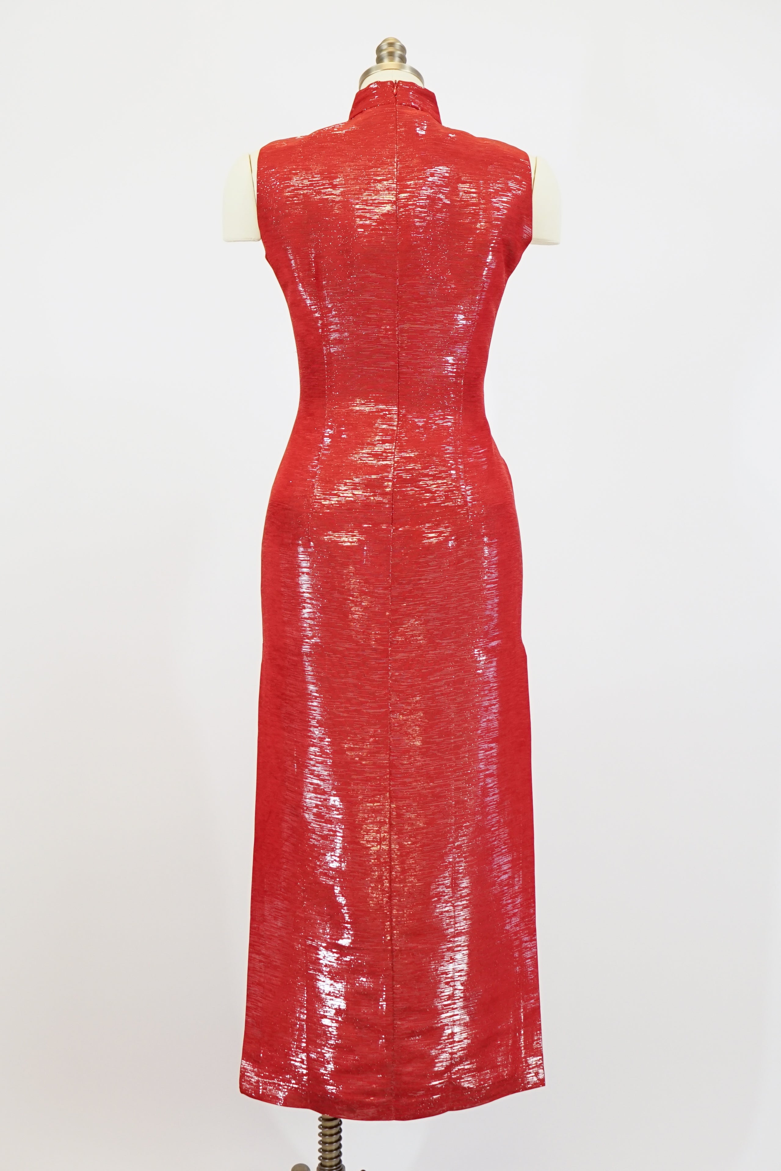 70s Red Lamé Embroidered Butterfly Cheongsam