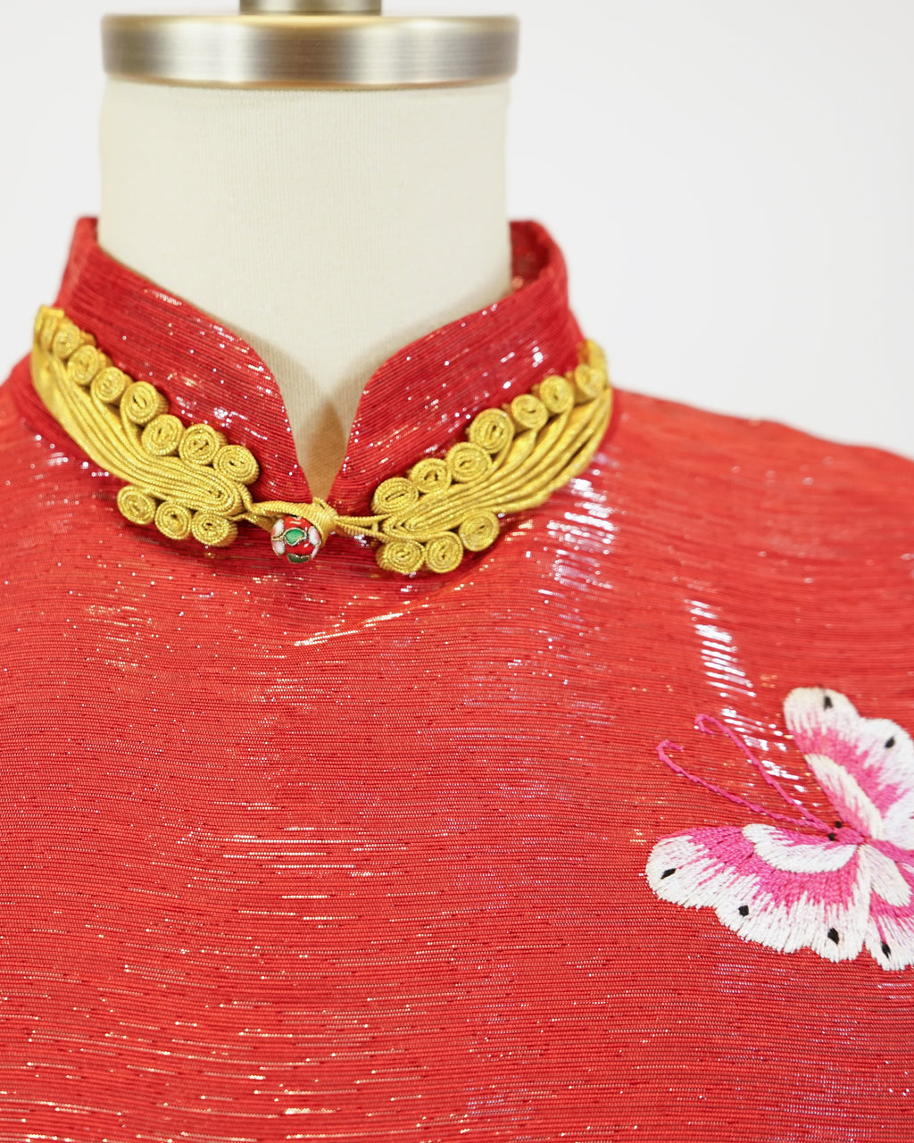 70s Red Lamé Embroidered Butterfly Cheongsam
