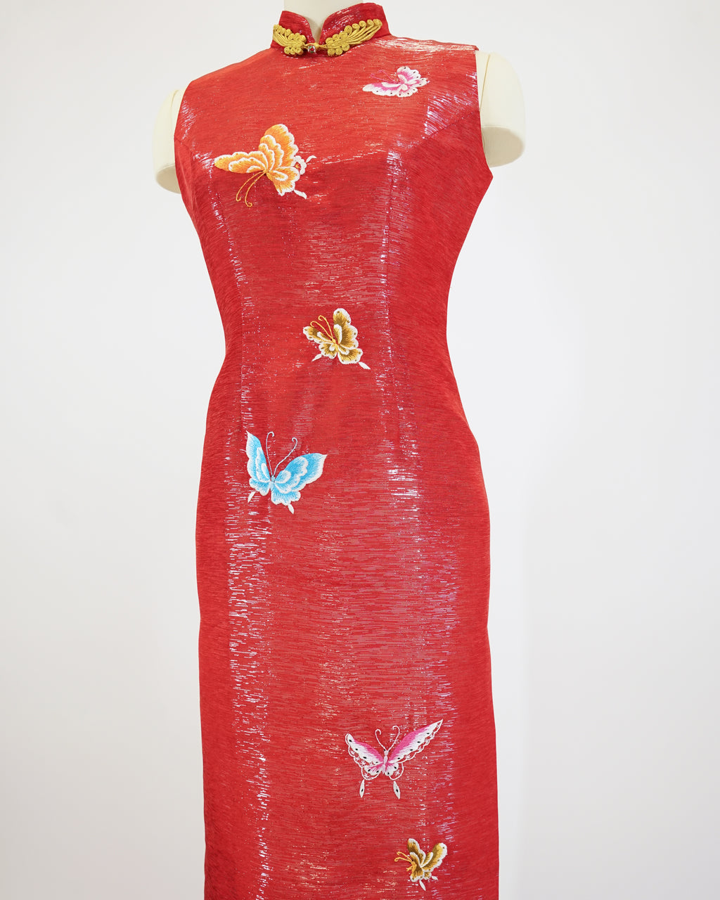 70s Red Lamé Embroidered Butterfly Cheongsam