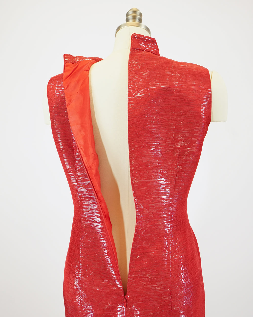 70s Red Lamé Embroidered Butterfly Cheongsam