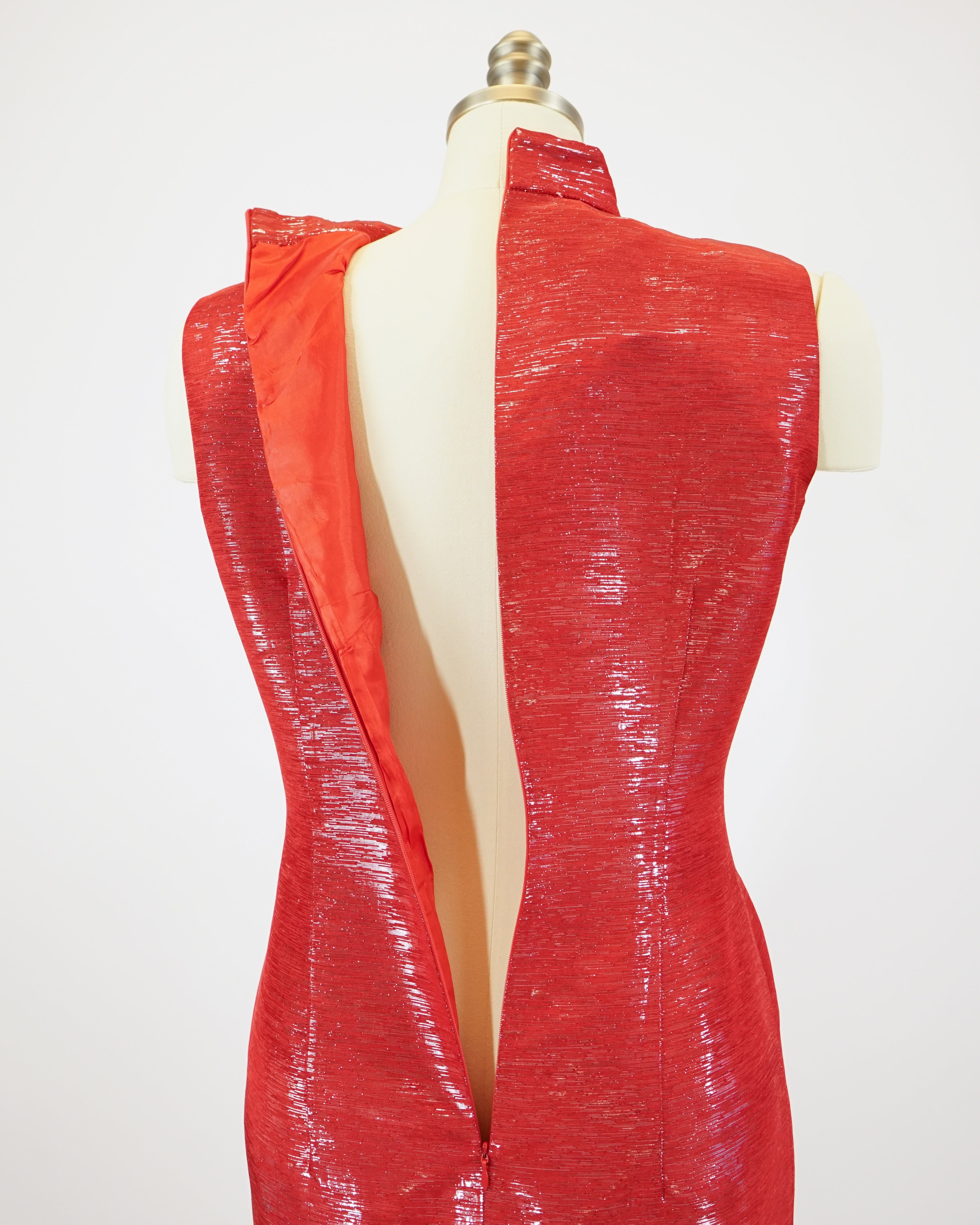 70s Red Lamé Embroidered Butterfly Cheongsam