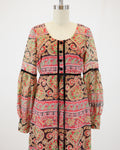 60s Laura Phillips Paisley Red & Green Velvet Trim Maxi Dress