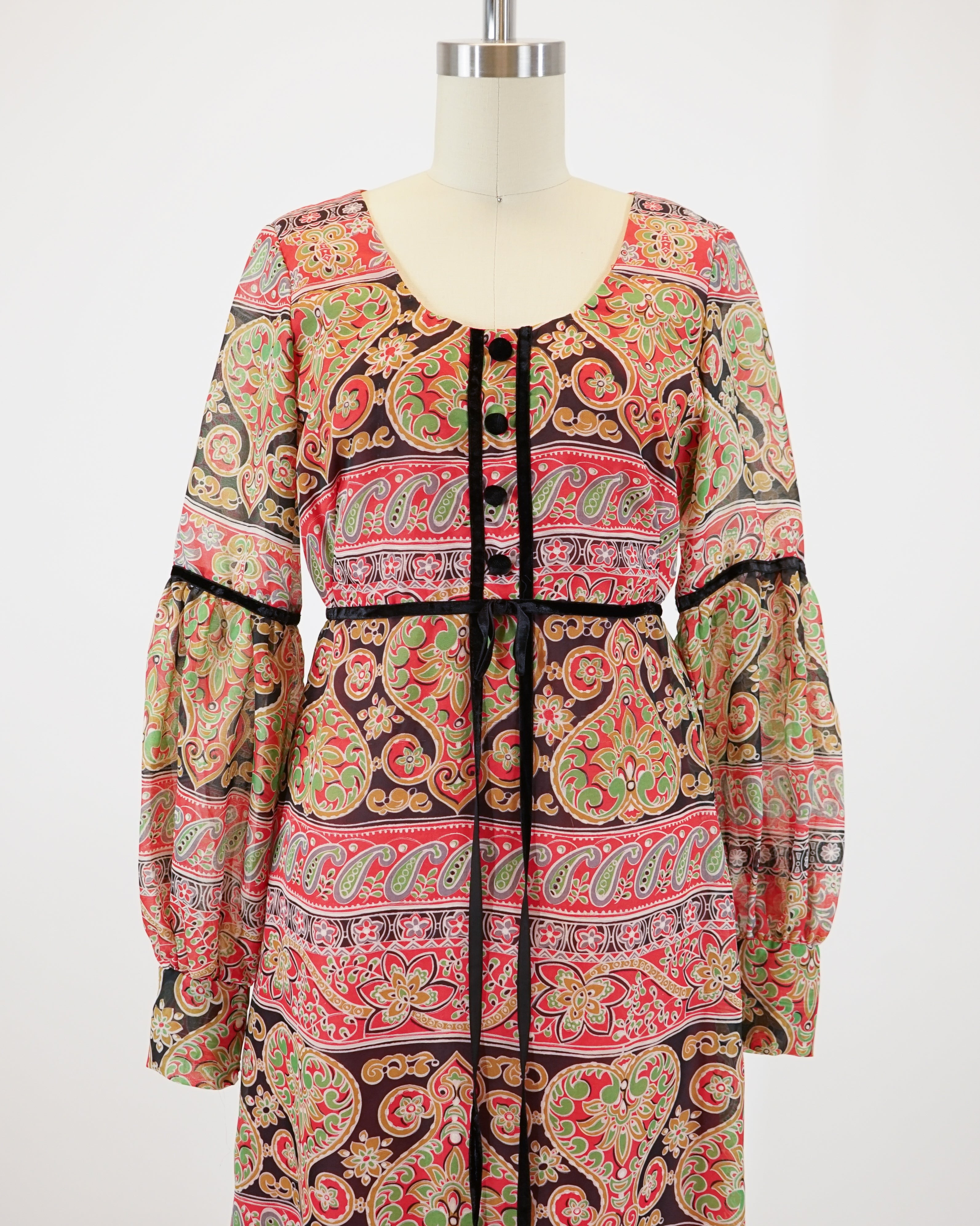 60s Laura Phillips Paisley Red & Green Velvet Trim Maxi Dress