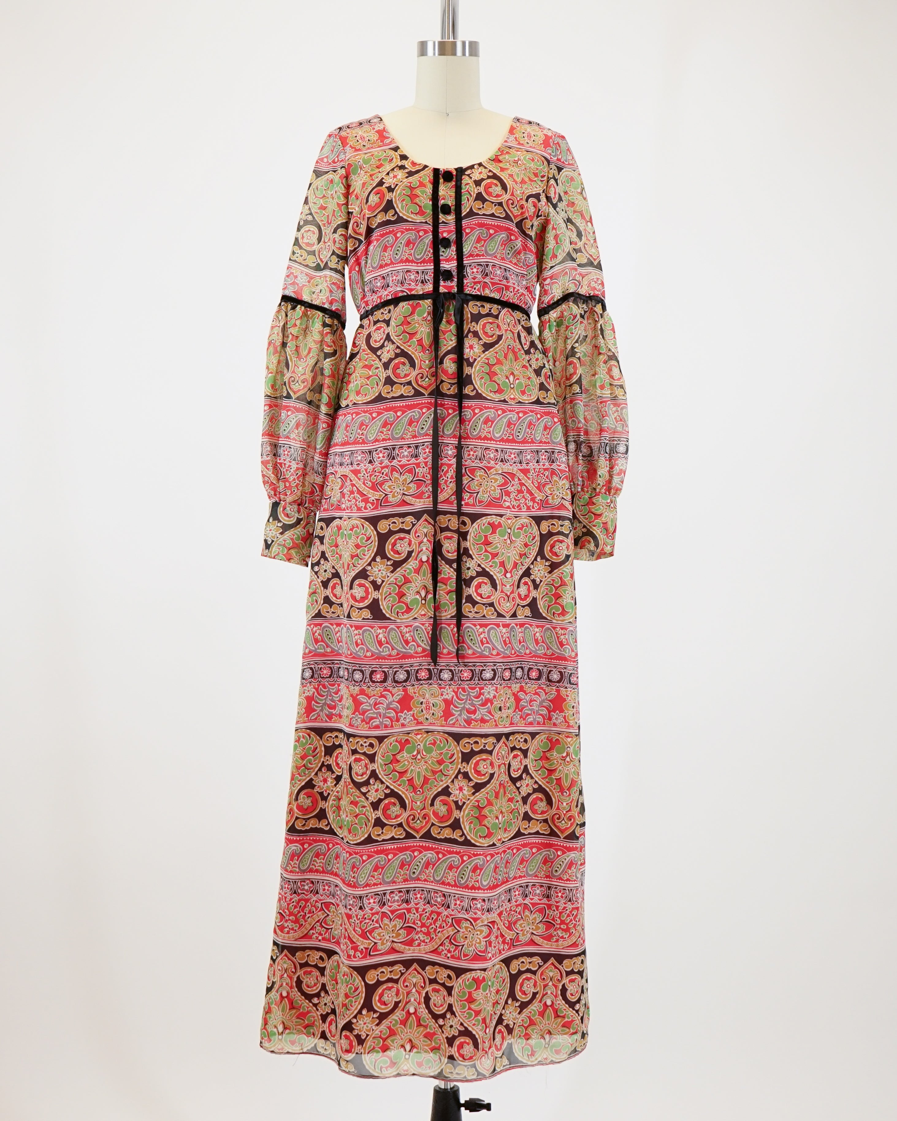 60s Laura Phillips Paisley Red & Green Velvet Trim Maxi Dress