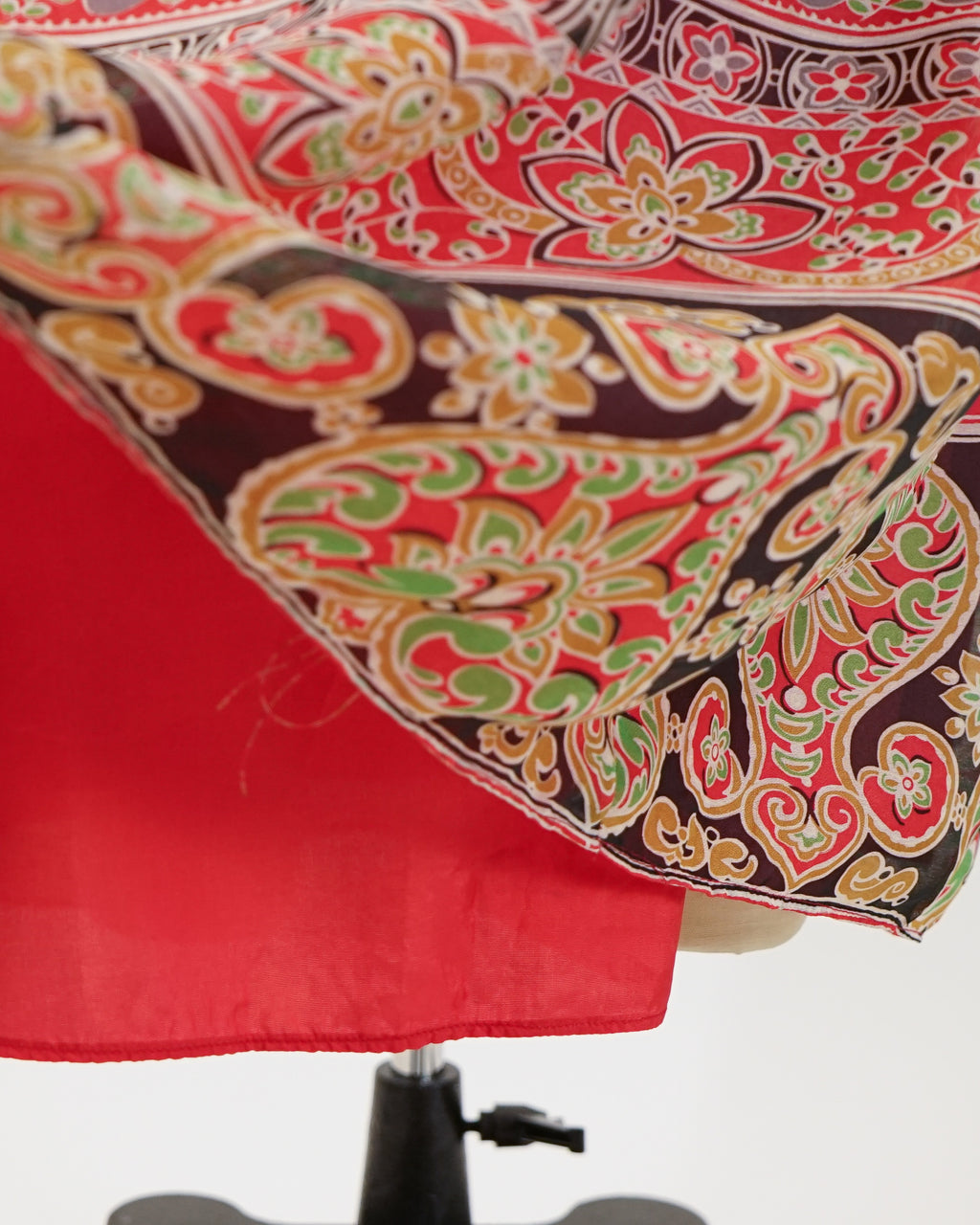 60s Laura Phillips Paisley Red & Green Velvet Trim Maxi Dress