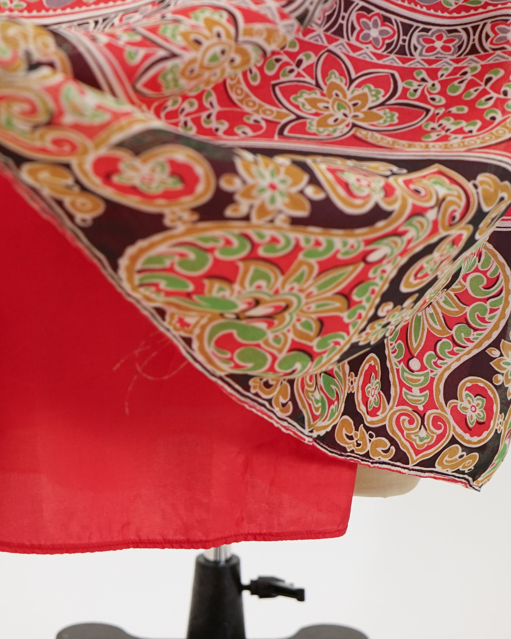 60s Laura Phillips Paisley Red & Green Velvet Trim Maxi Dress