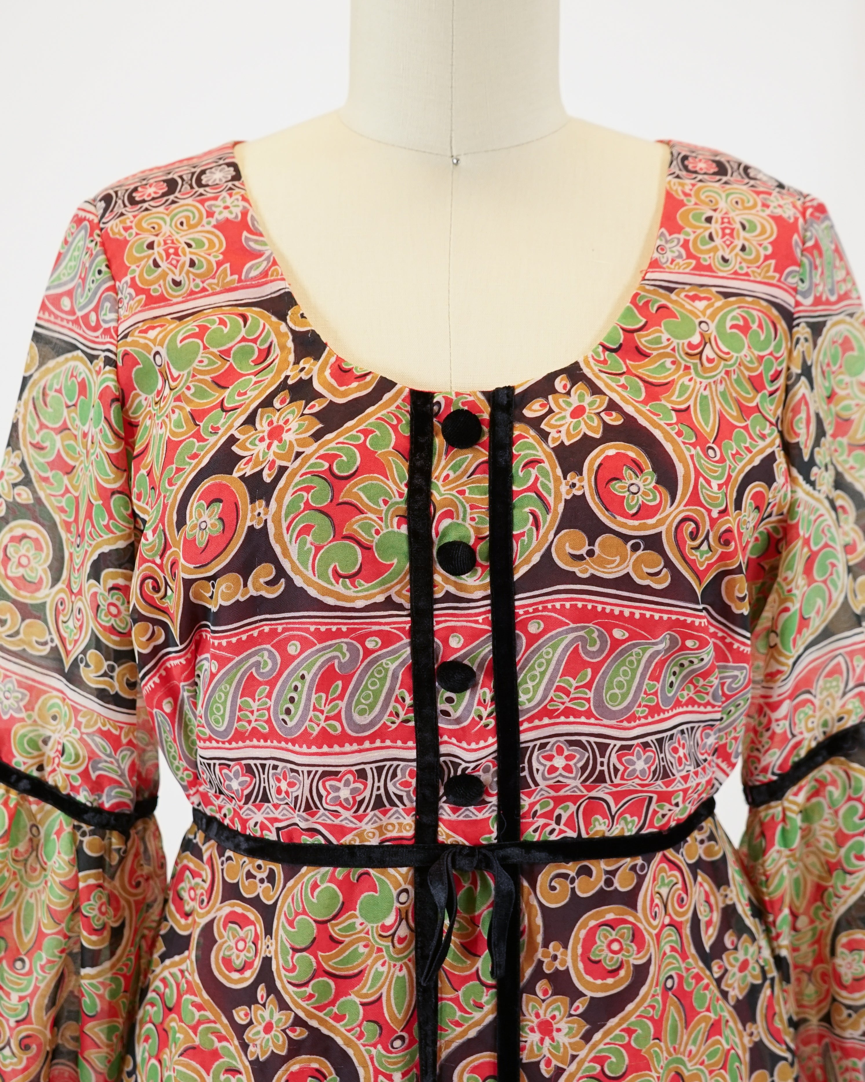 60s Laura Phillips Paisley Red & Green Velvet Trim Maxi Dress