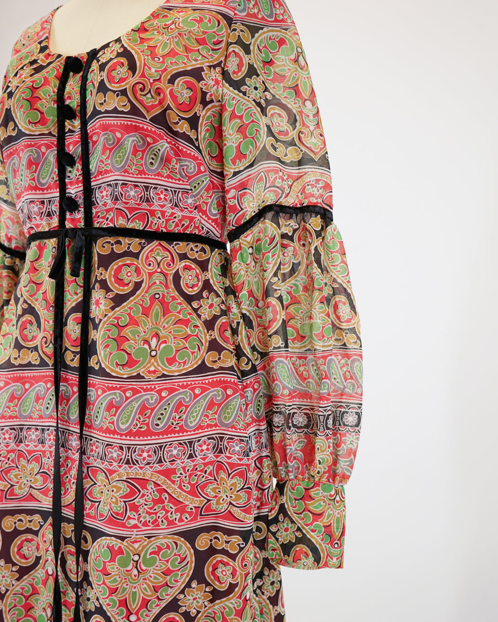 60s Laura Phillips Paisley Red & Green Velvet Trim Maxi Dress