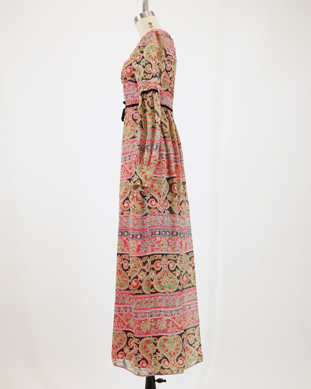 60s Laura Phillips Paisley Red & Green Velvet Trim Maxi Dress