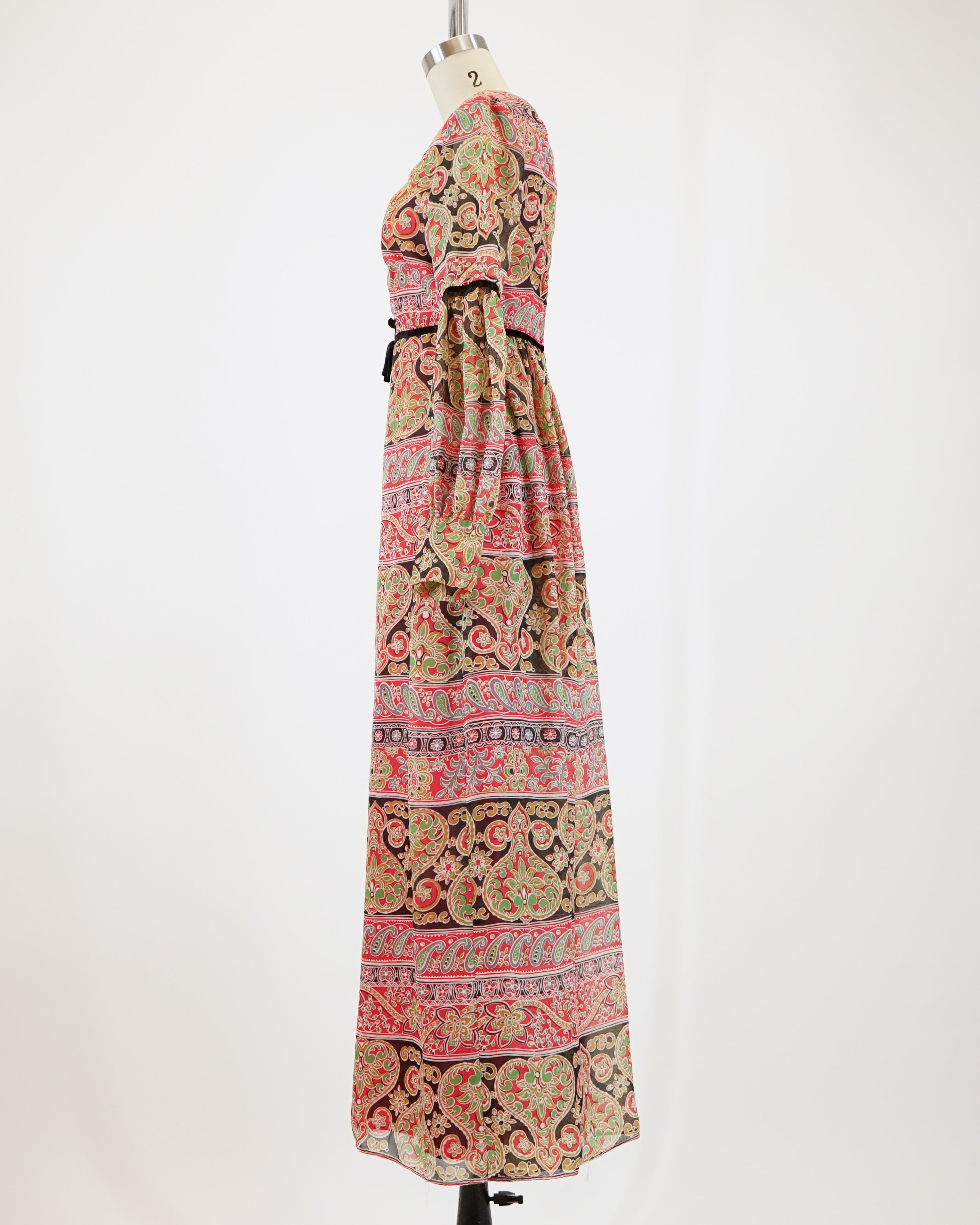 60s Laura Phillips Paisley Red & Green Velvet Trim Maxi Dress