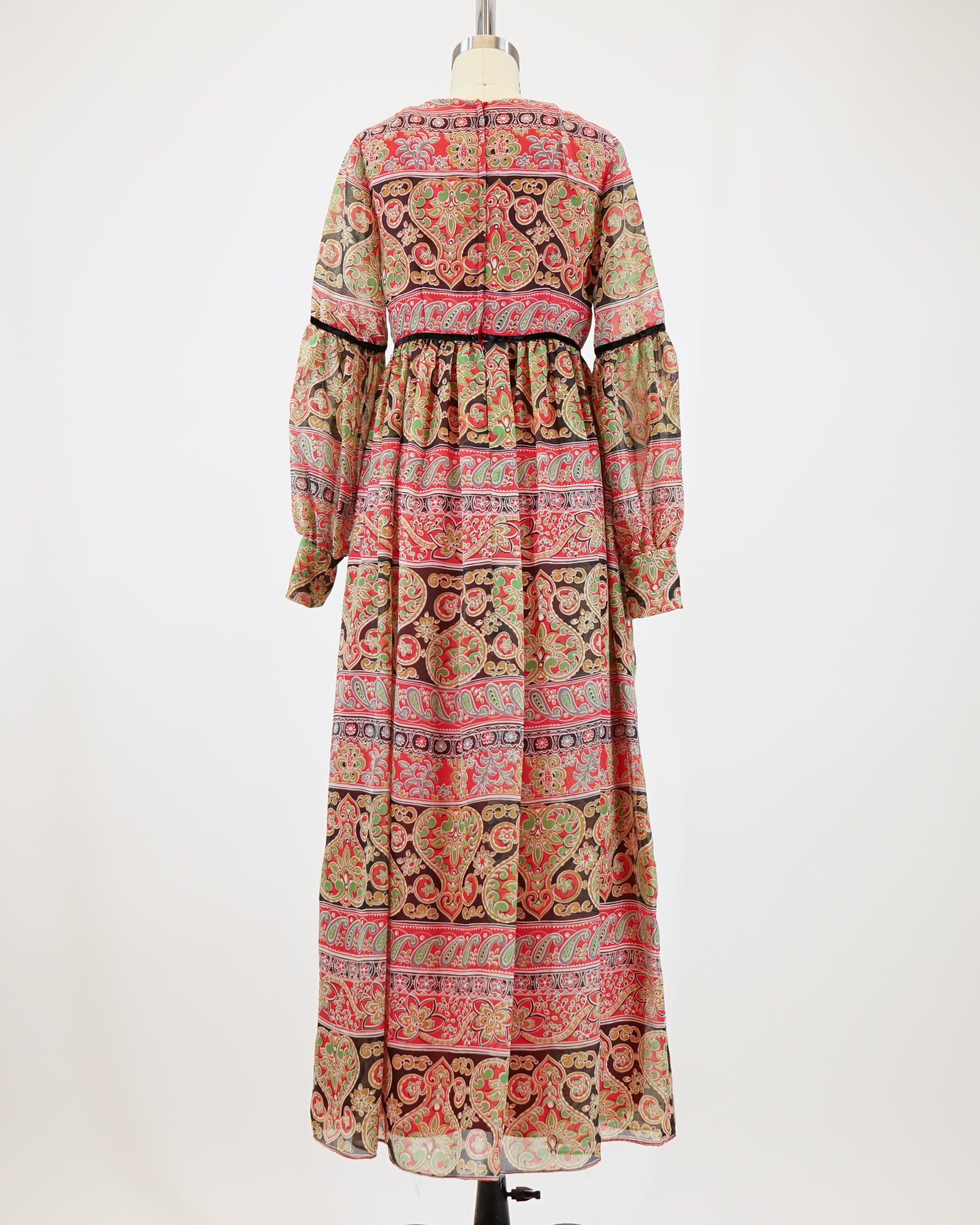 60s Laura Phillips Paisley Red & Green Velvet Trim Maxi Dress