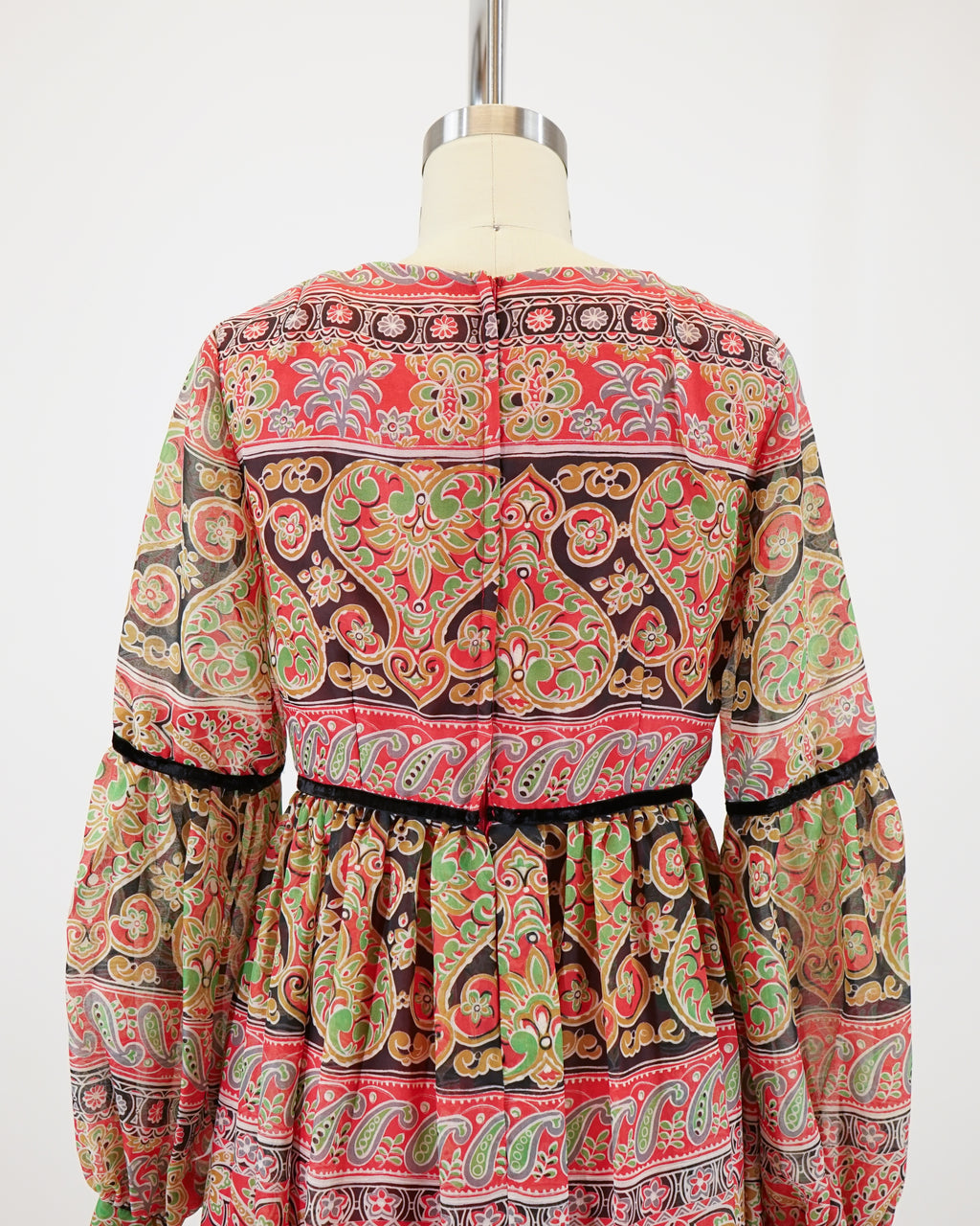 60s Laura Phillips Paisley Red & Green Velvet Trim Maxi Dress