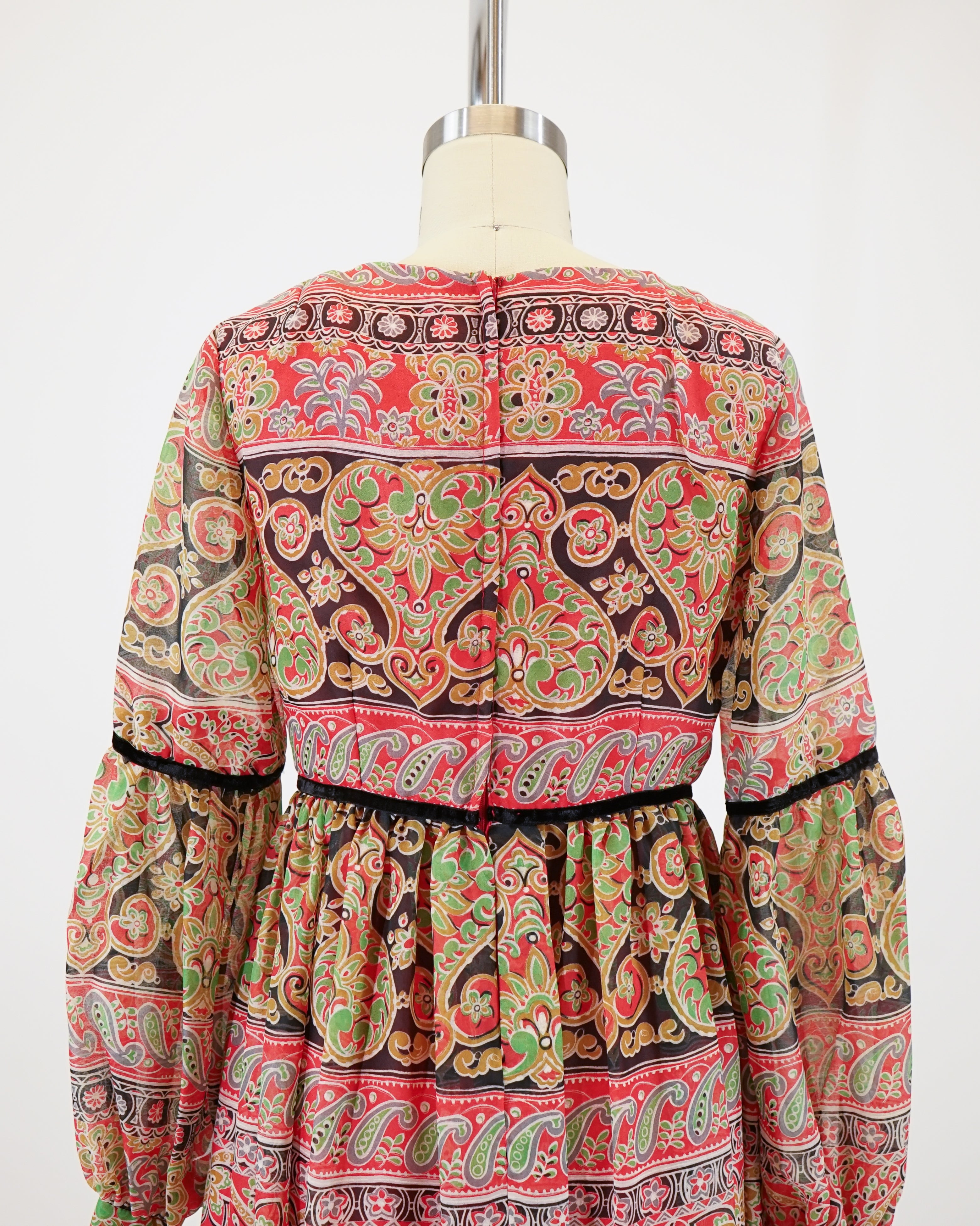 60s Laura Phillips Paisley Red & Green Velvet Trim Maxi Dress