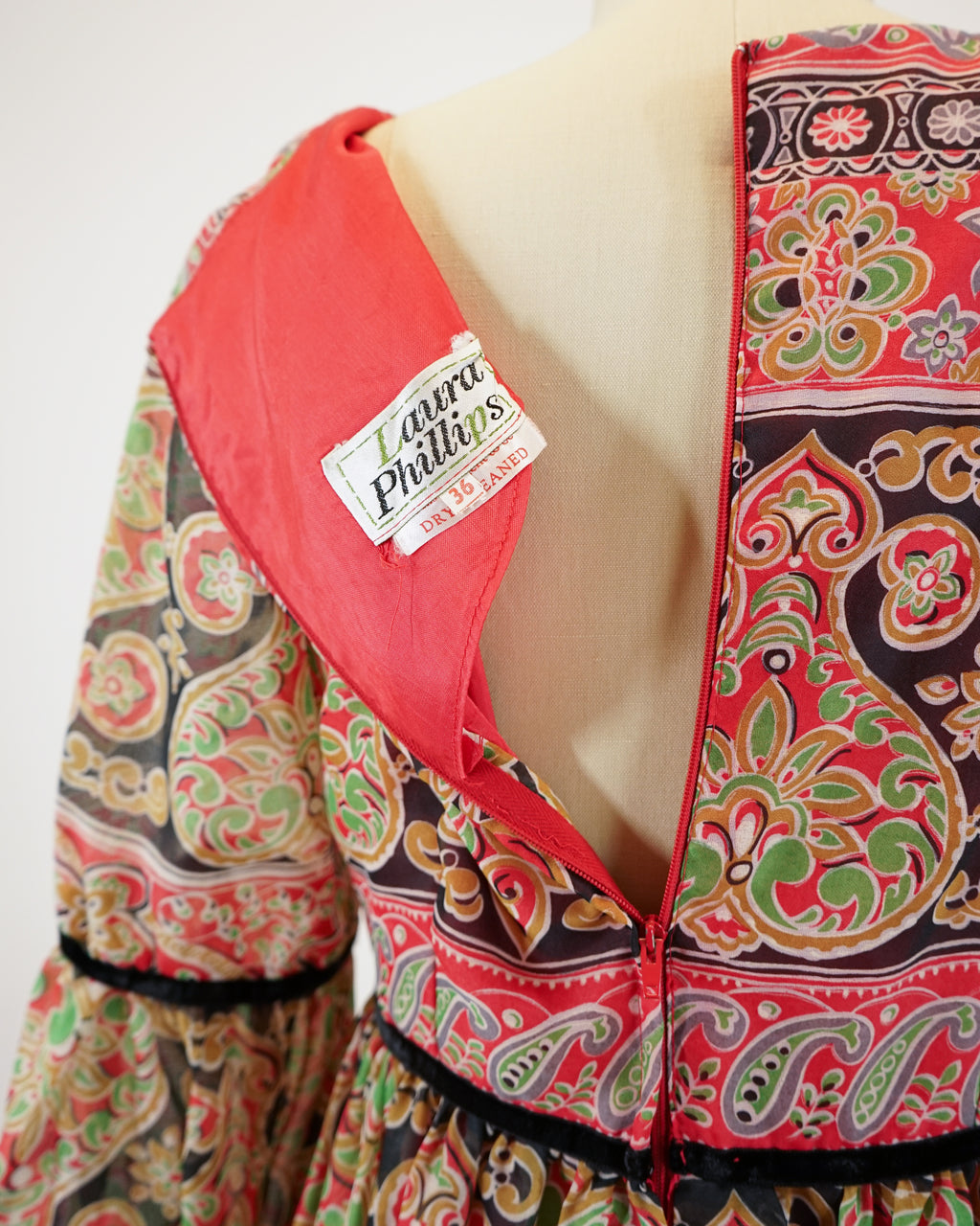 60s Laura Phillips Paisley Red & Green Velvet Trim Maxi Dress