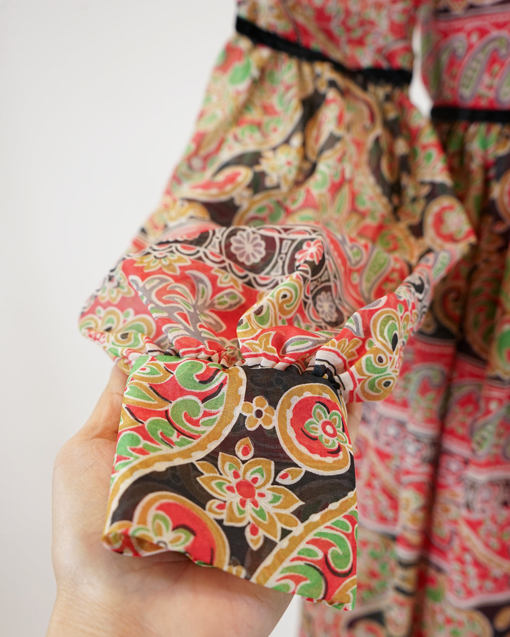 60s Laura Phillips Paisley Red & Green Velvet Trim Maxi Dress