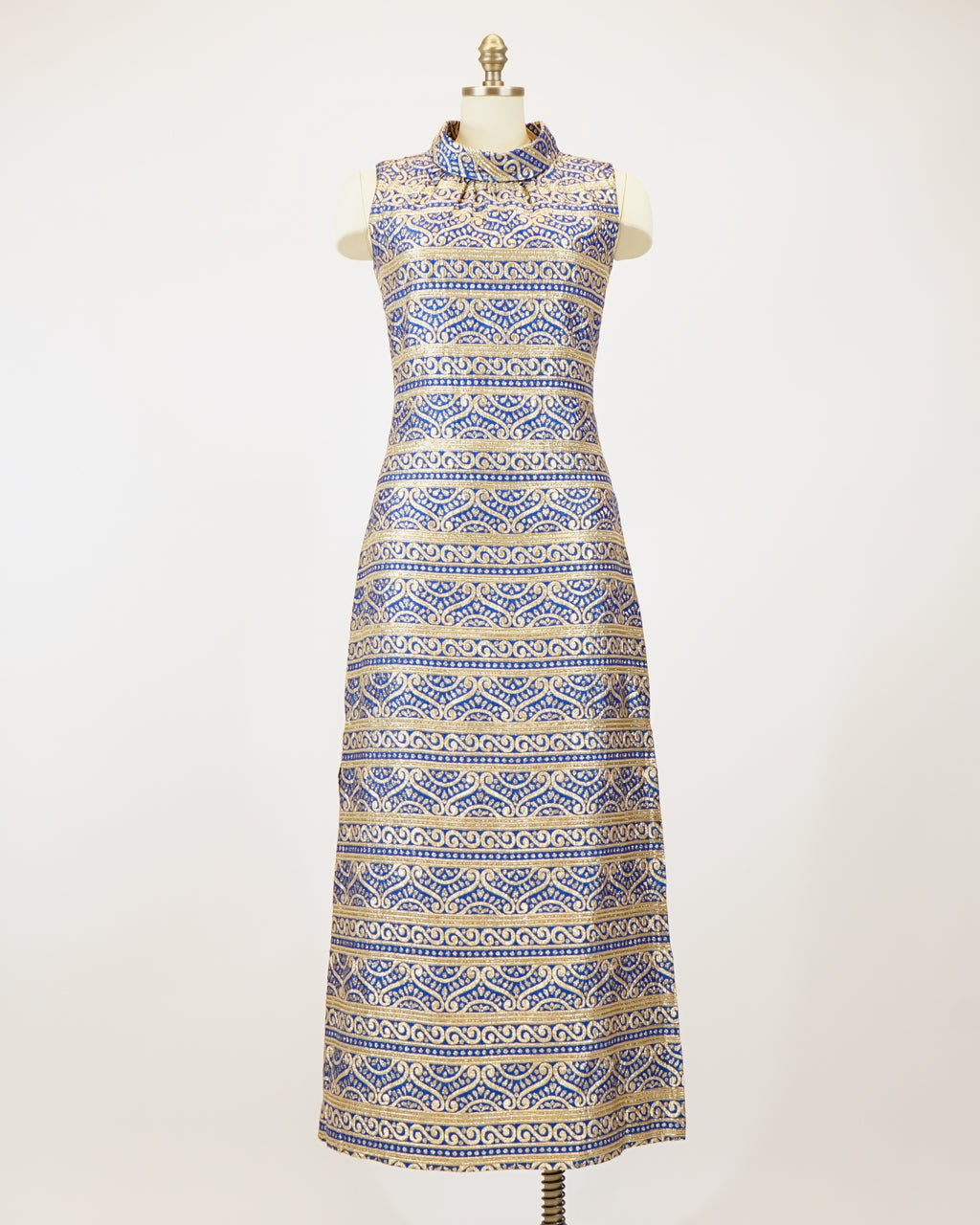 1960s Iconic Blue & Gold Faux Cheongsam Maxi