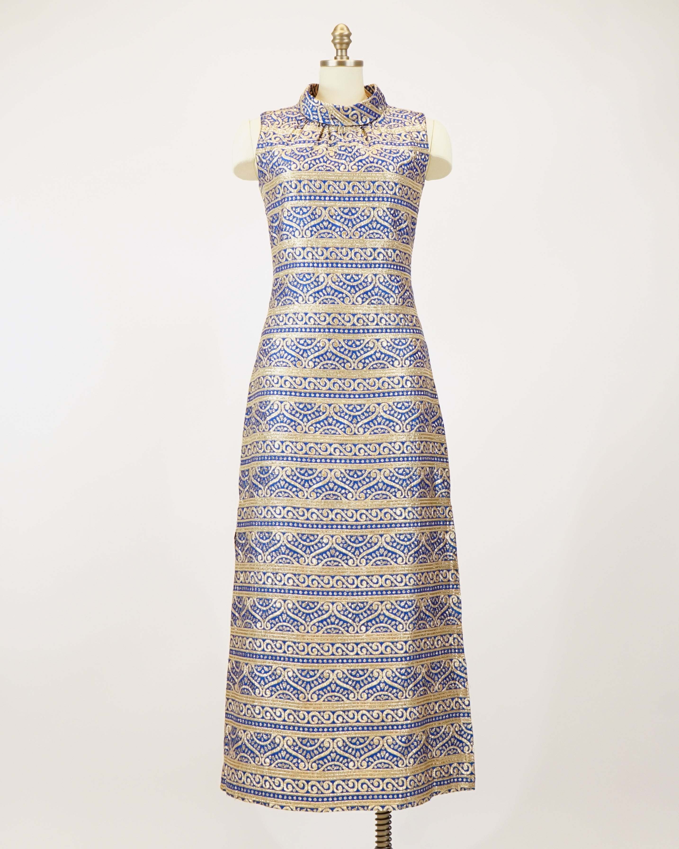 1960s Iconic Blue & Gold Faux Cheongsam Maxi